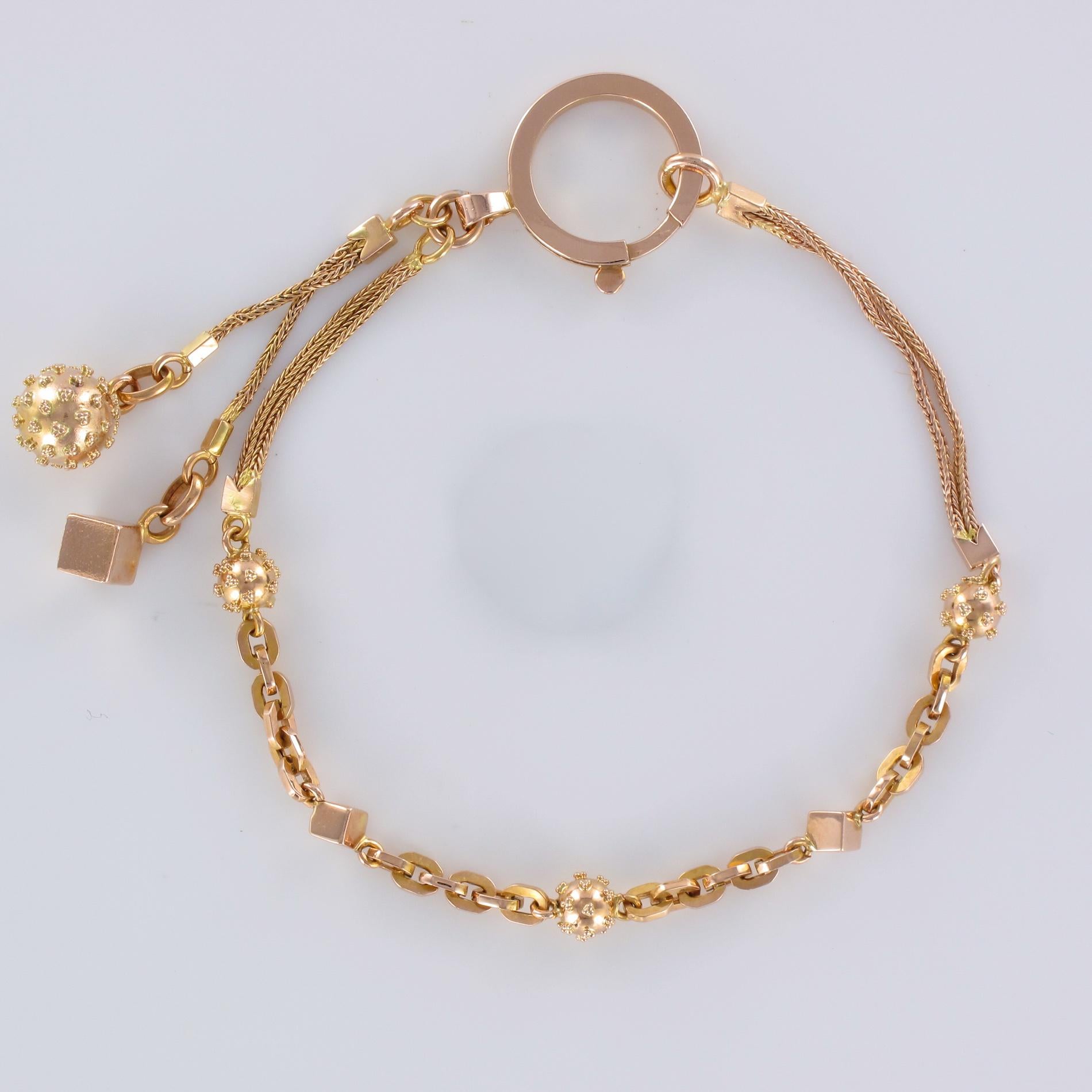 19th Century 18 Karat Rose Gold Chains Cubes and Studded Pearls Bracelet 6