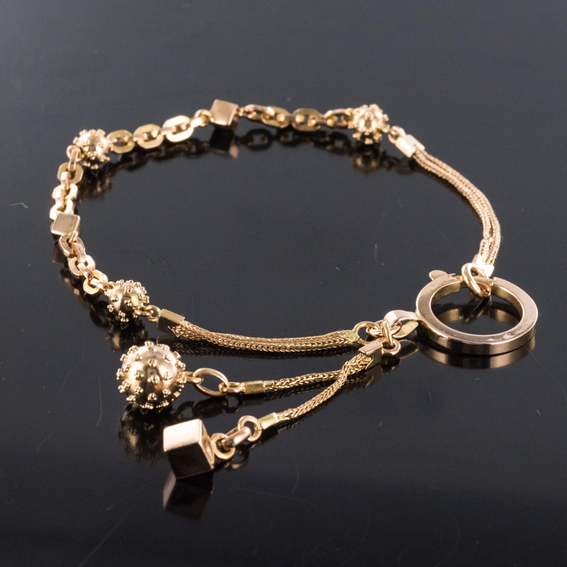 19th Century 18 Karat Rose Gold Chains Cubes and Studded Pearls Bracelet 2
