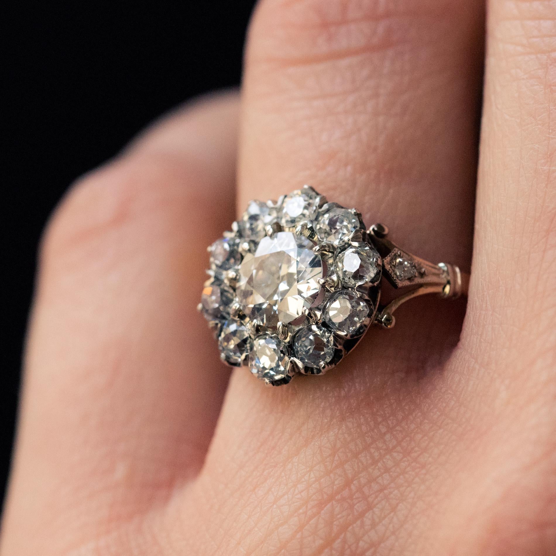 19th Century 18 Karat Rose Gold Platinum Diamonds Daisy Engagement Ring 4