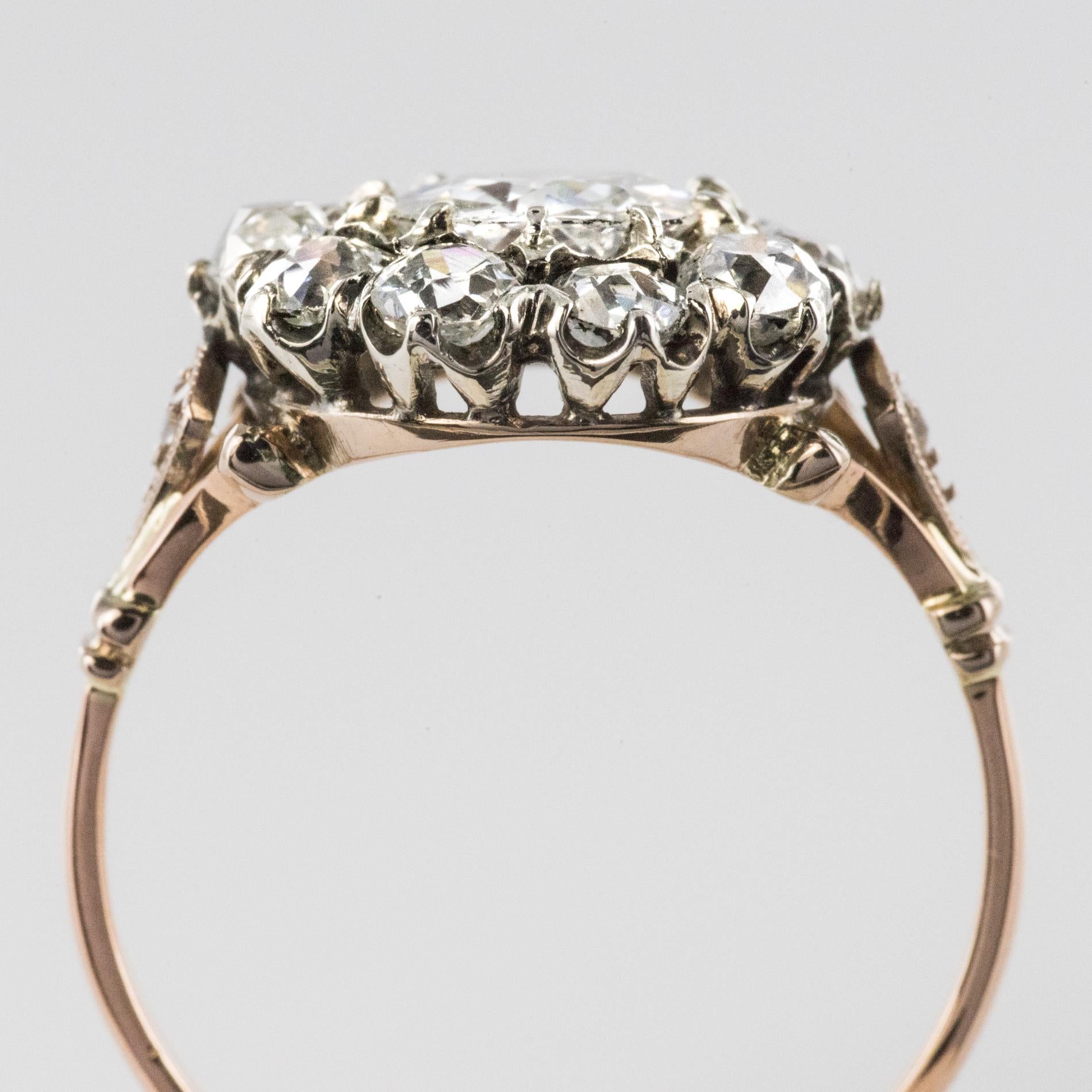 19th Century 18 Karat Rose Gold Platinum Diamonds Daisy Engagement Ring 5