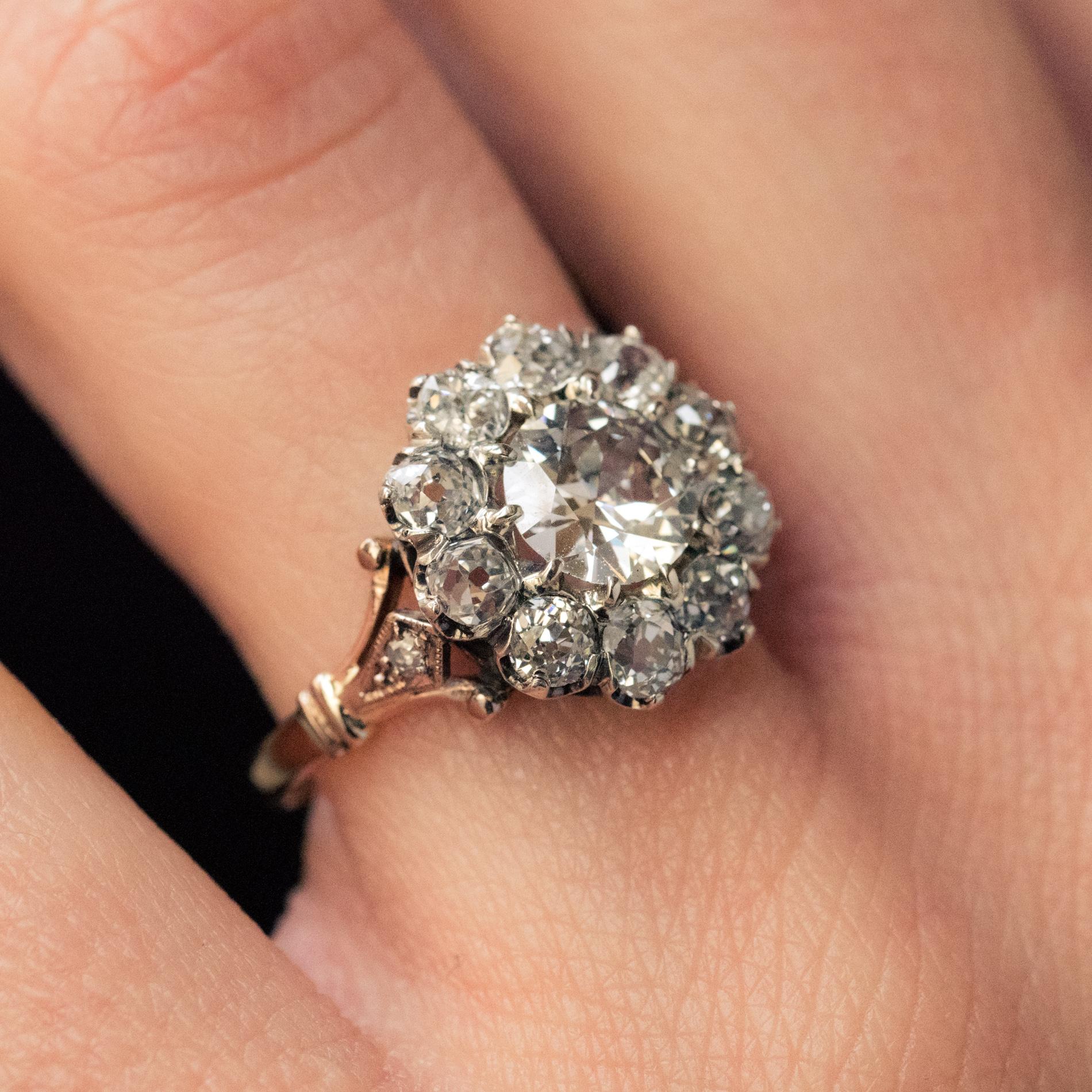 19th Century 18 Karat Rose Gold Platinum Diamonds Daisy Engagement Ring 6