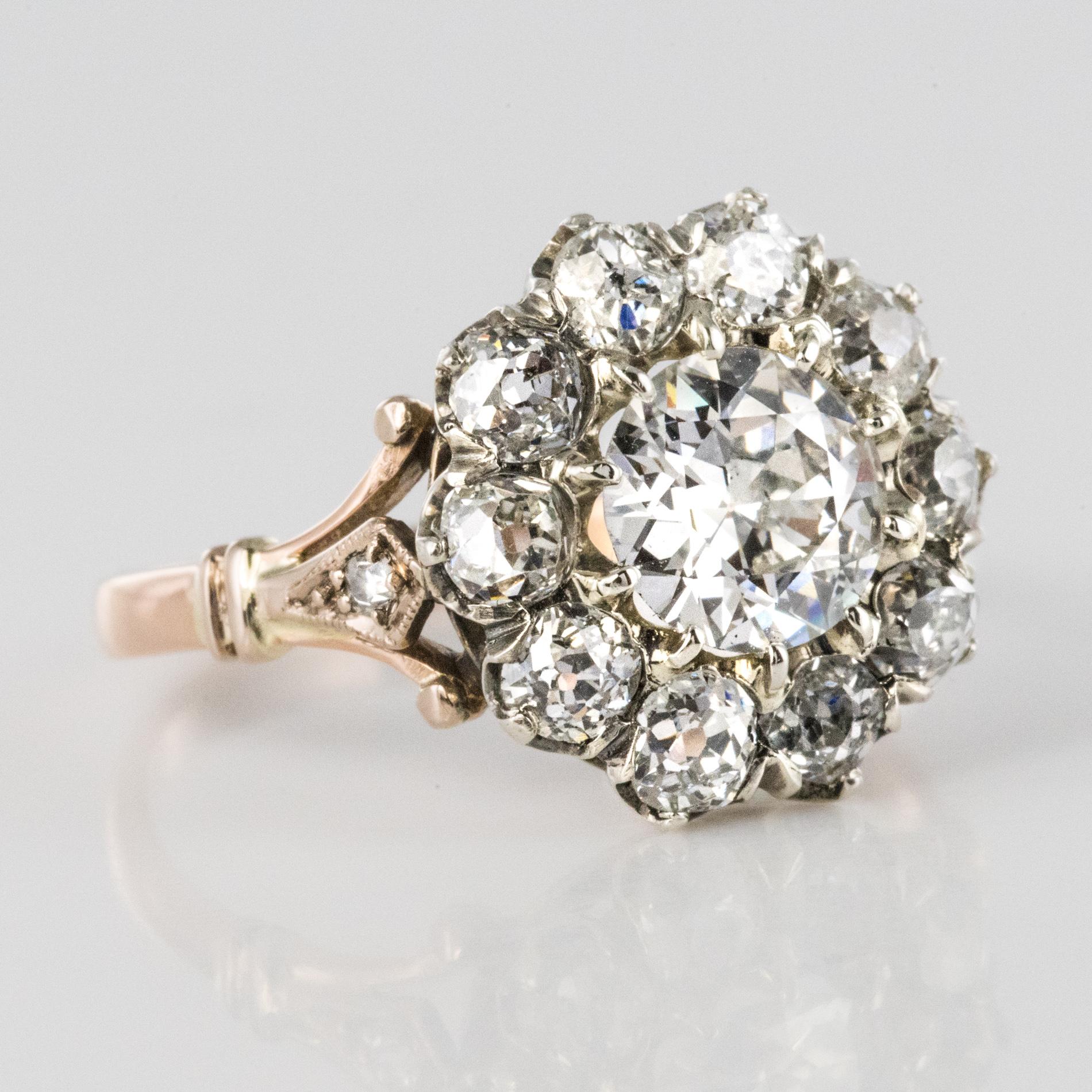 19th Century 18 Karat Rose Gold Platinum Diamonds Daisy Engagement Ring 7