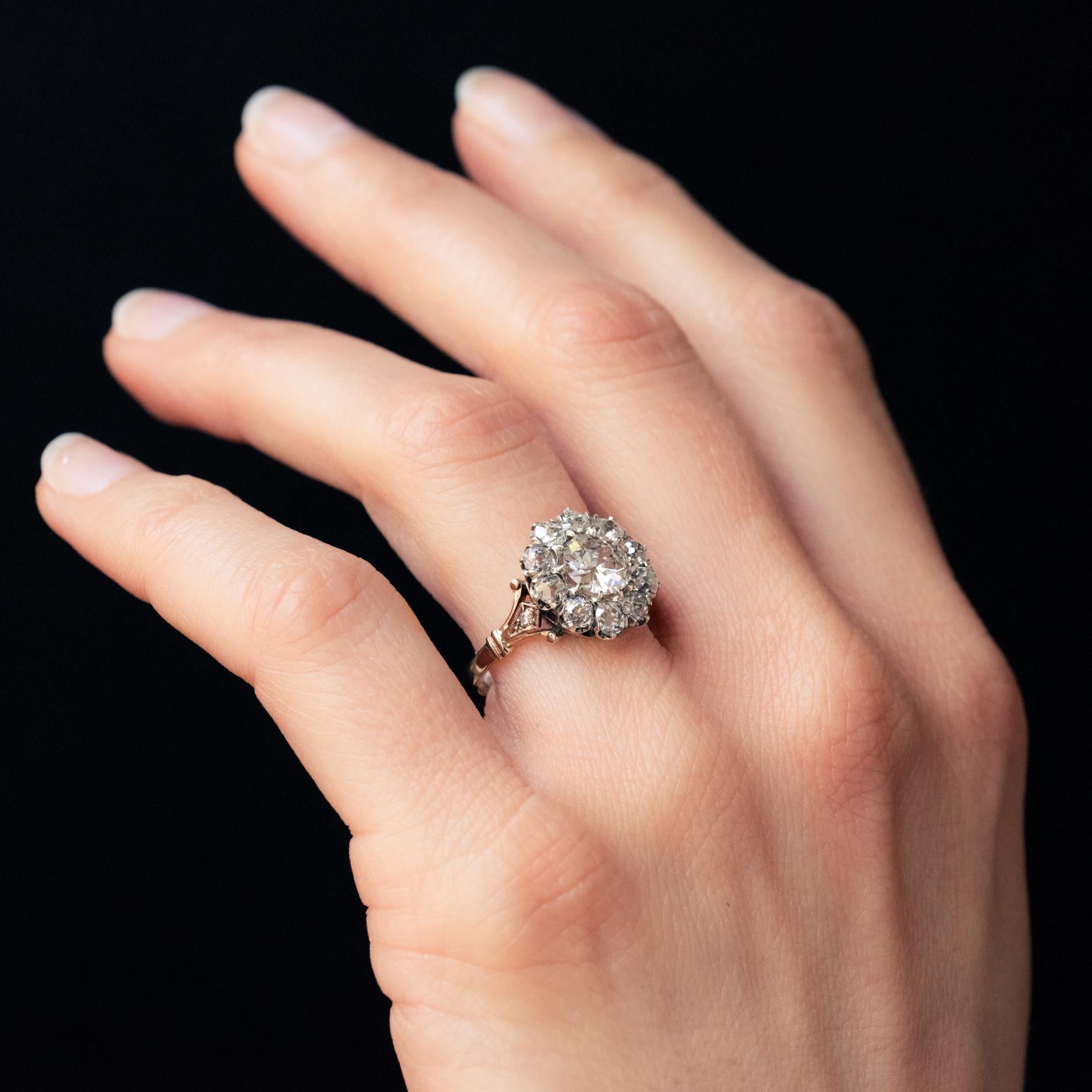 19th Century 18 Karat Rose Gold Platinum Diamonds Daisy Engagement Ring 8