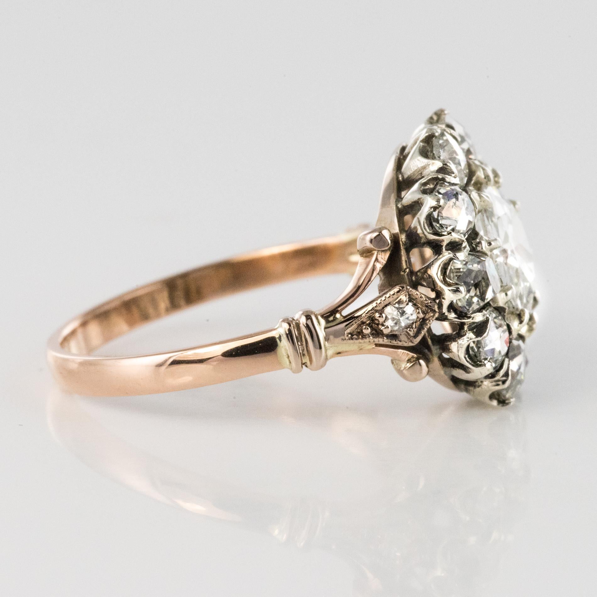 19th Century 18 Karat Rose Gold Platinum Diamonds Daisy Engagement Ring 10