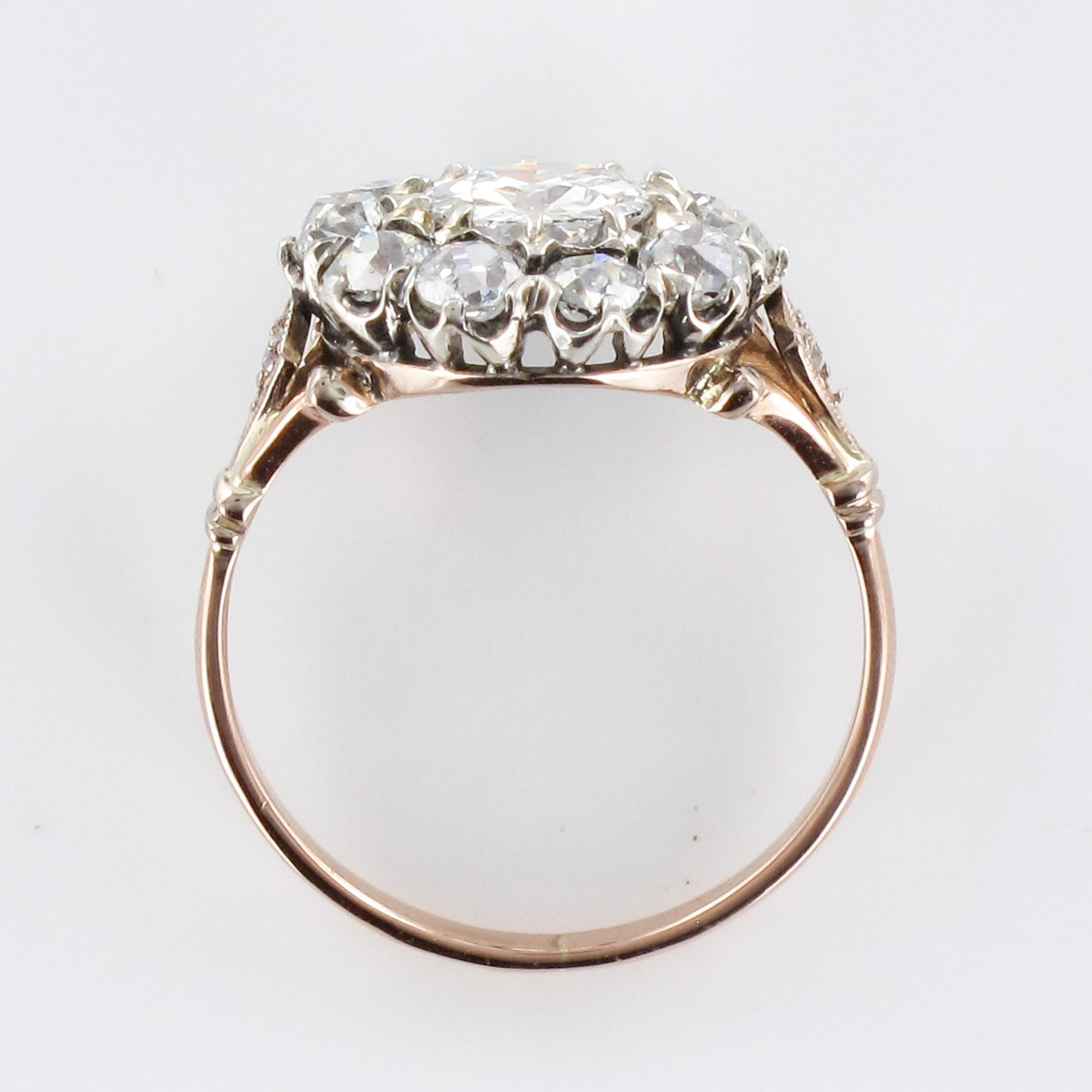 19th Century 18 Karat Rose Gold Platinum Diamonds Daisy Engagement Ring 11
