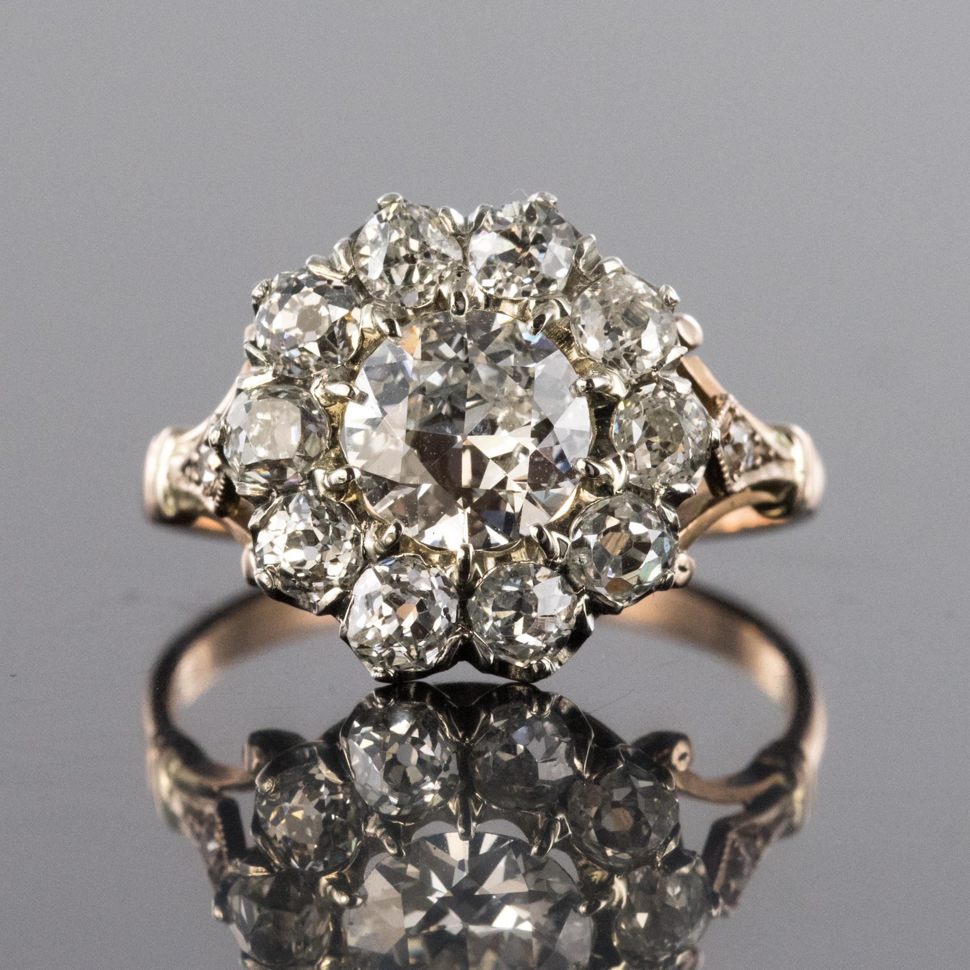 Napoleon III 19th Century 18 Karat Rose Gold Platinum Diamonds Daisy Engagement Ring