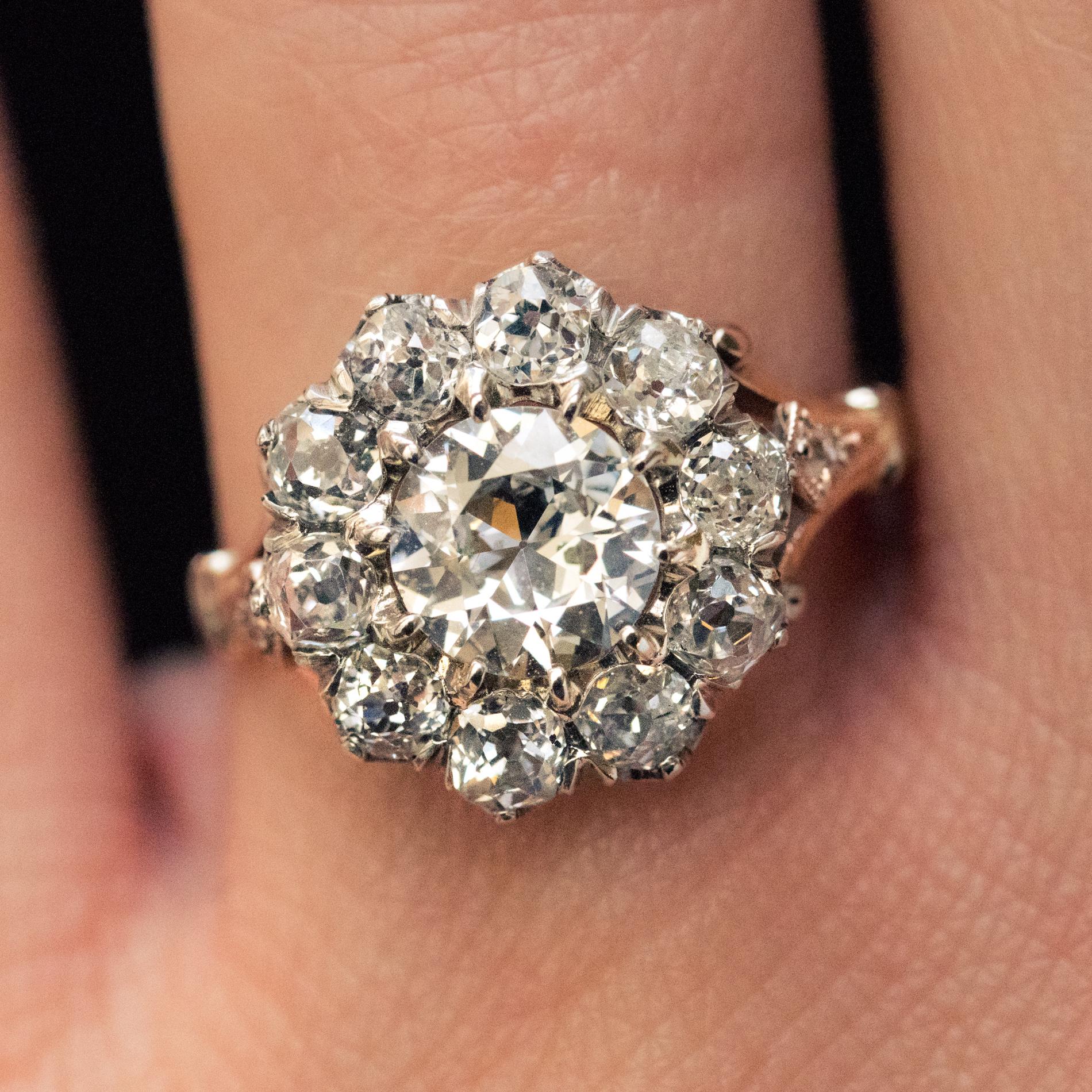 Women's 19th Century 18 Karat Rose Gold Platinum Diamonds Daisy Engagement Ring