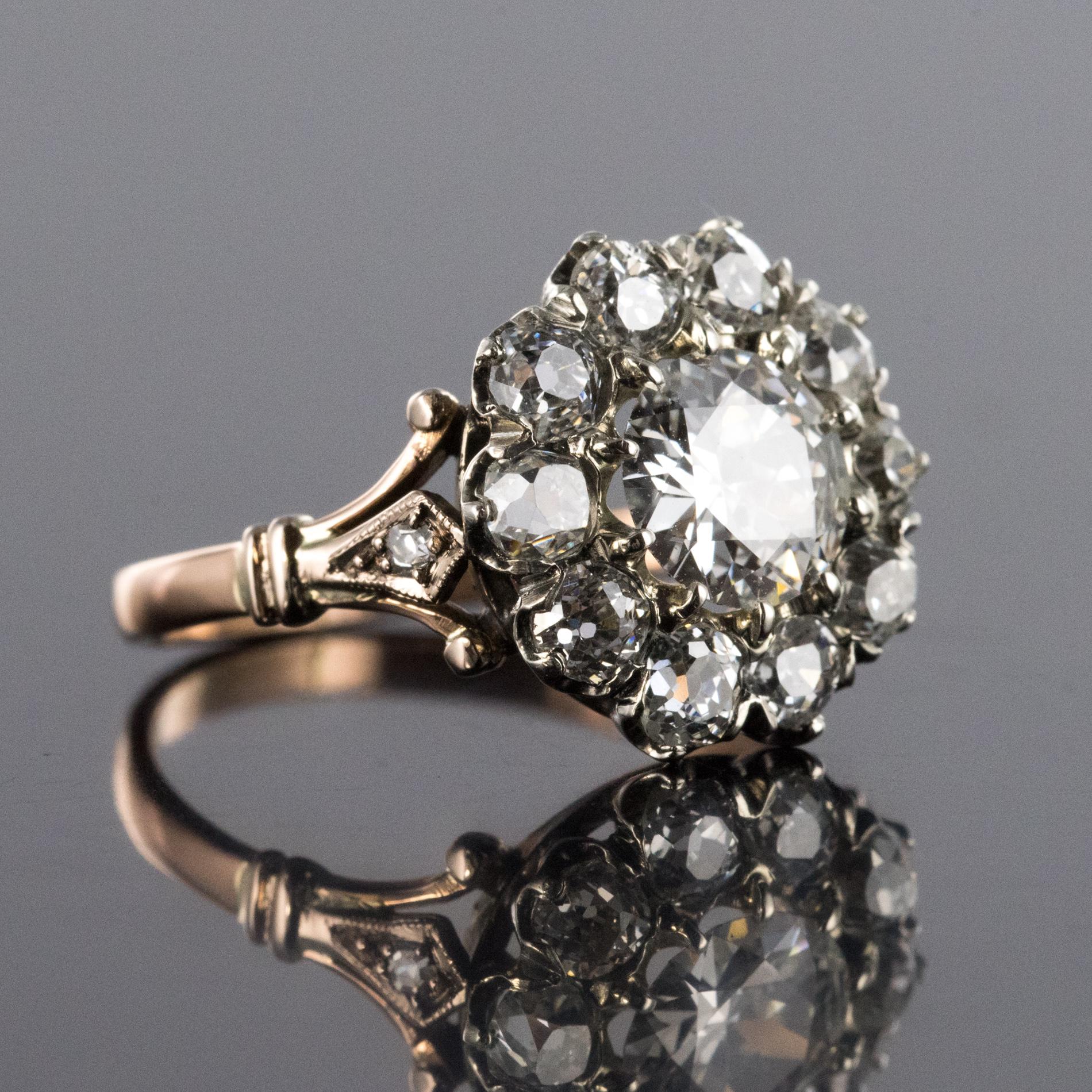 19th Century 18 Karat Rose Gold Platinum Diamonds Daisy Engagement Ring 1
