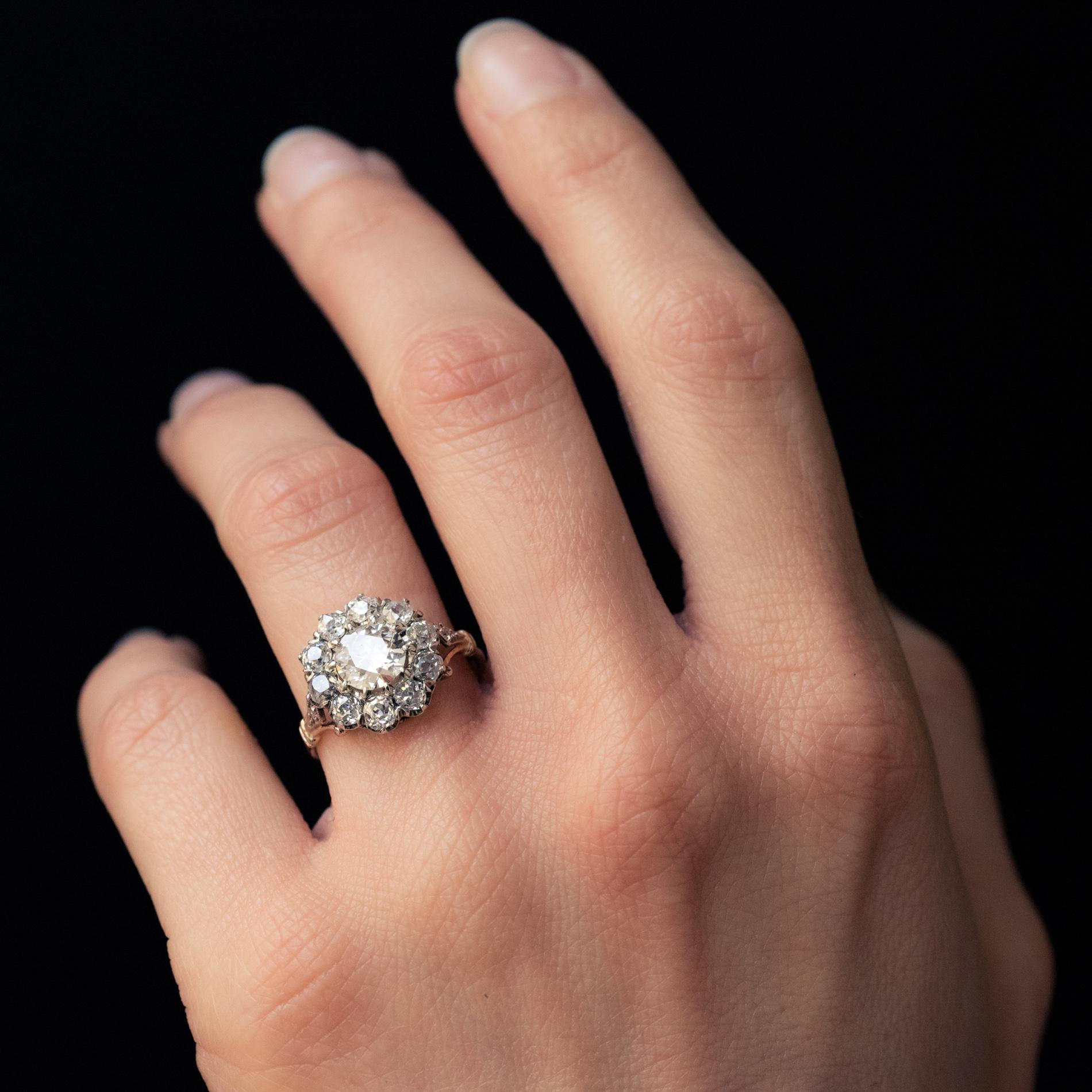 19th Century 18 Karat Rose Gold Platinum Diamonds Daisy Engagement Ring 2
