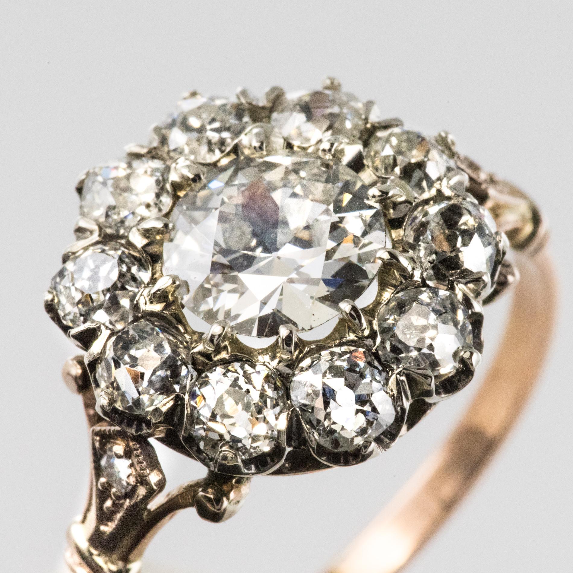 19th Century 18 Karat Rose Gold Platinum Diamonds Daisy Engagement Ring 3