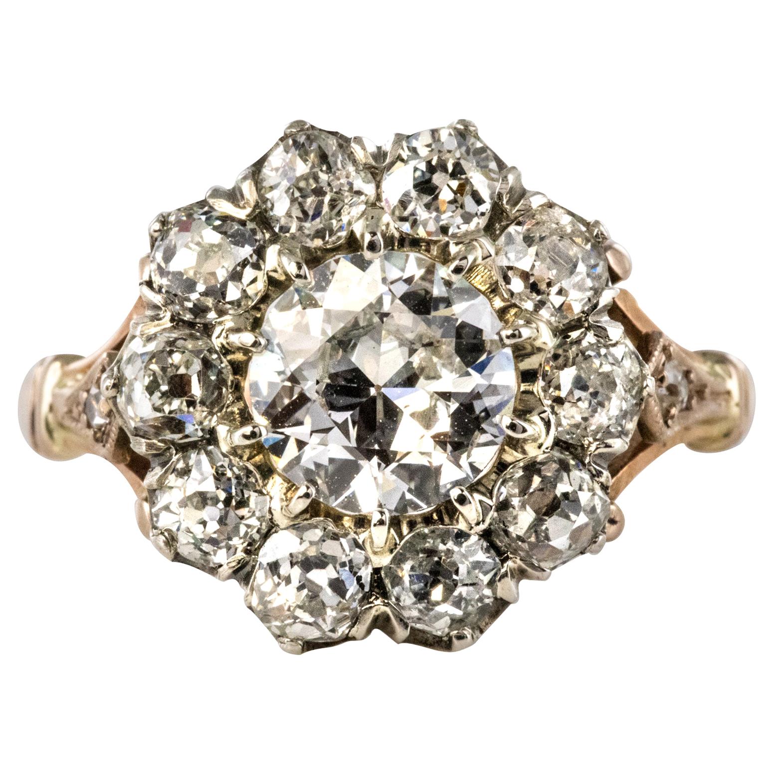 19th Century 18 Karat Rose Gold Platinum Diamonds Daisy Engagement Ring