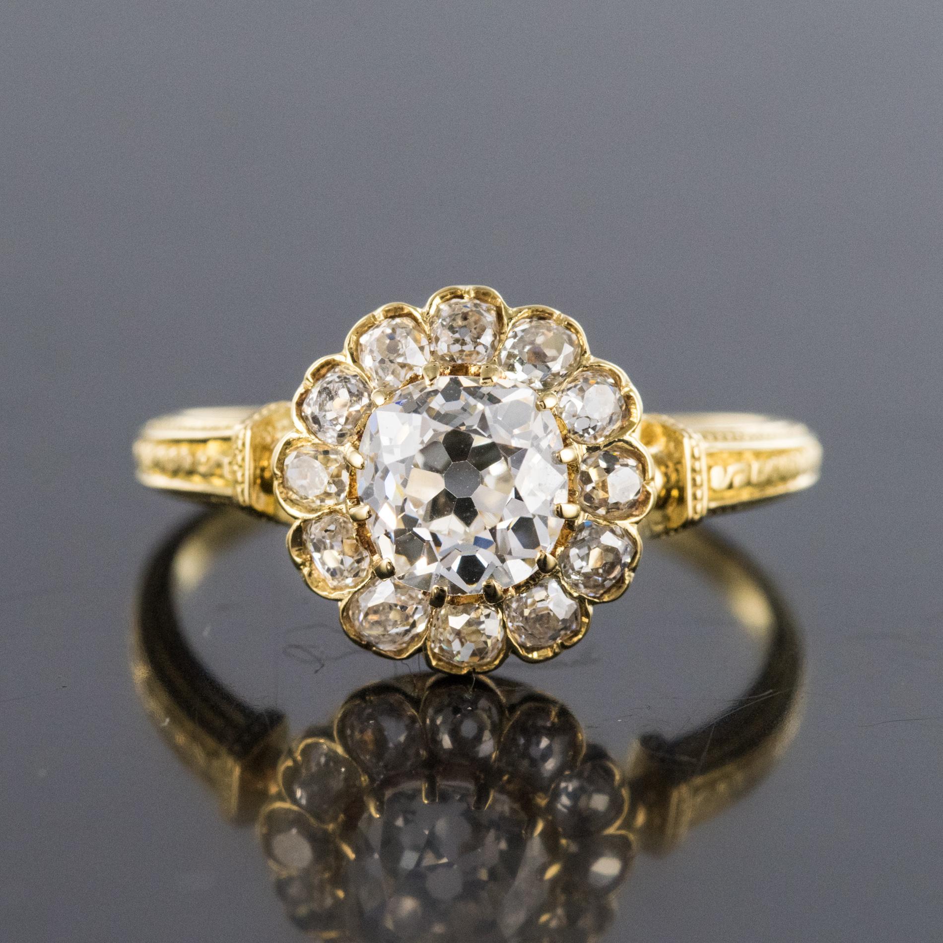 Napoleon III 19th Century 18 Karat Yellow Gold Diamonds Daisy Ring