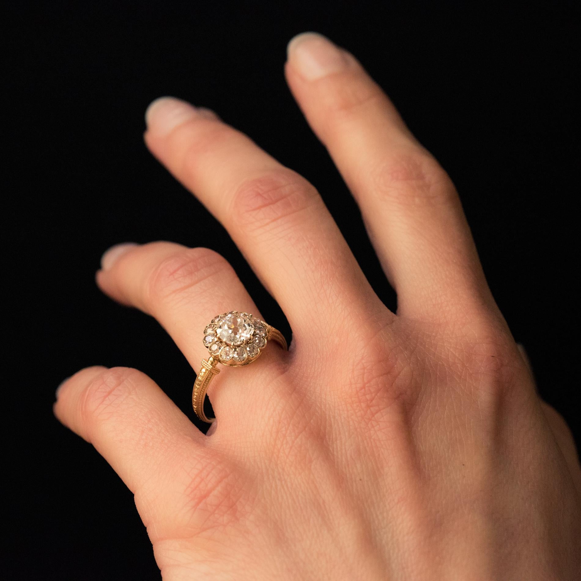 Women's 19th Century 18 Karat Yellow Gold Diamonds Daisy Ring