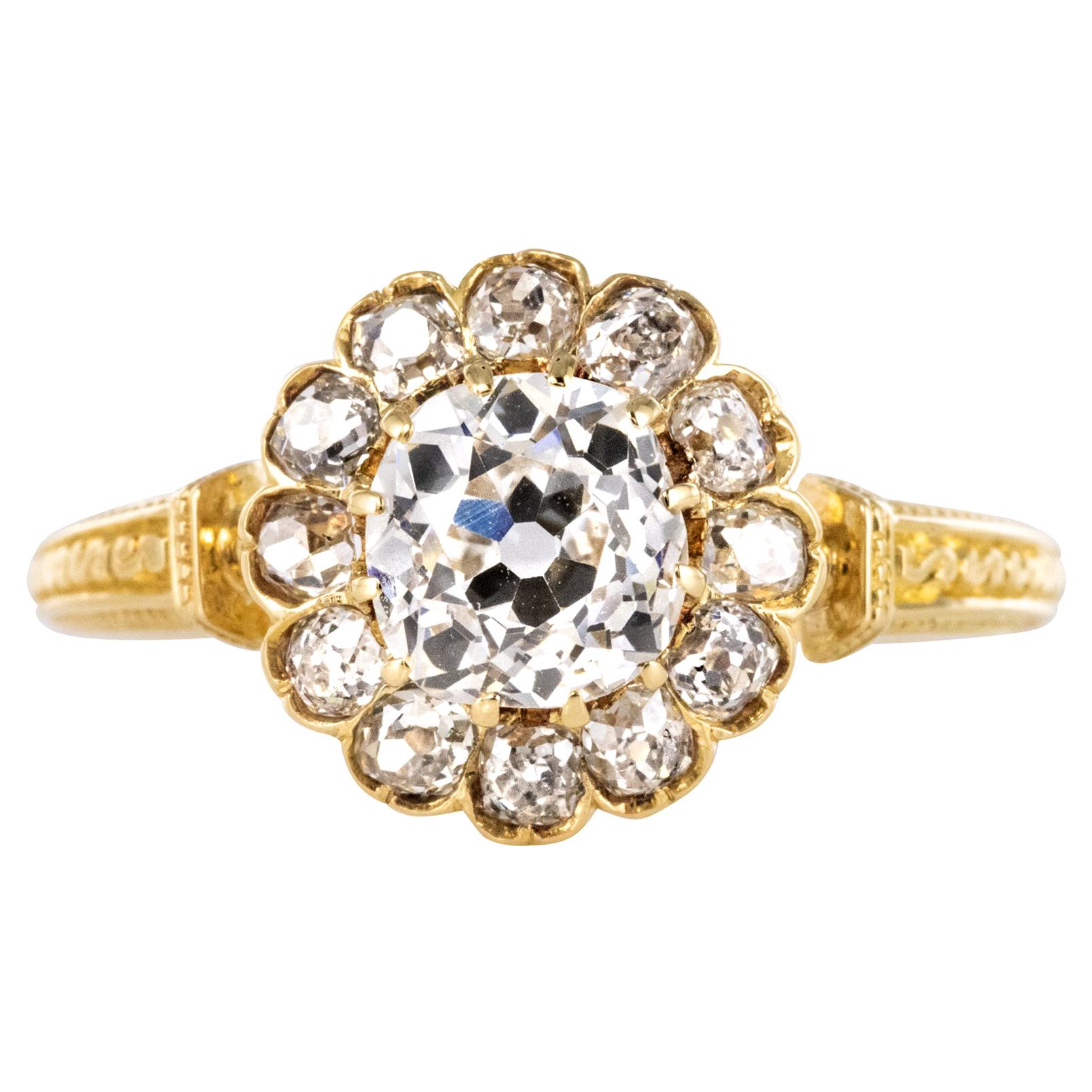 19th Century 18 Karat Yellow Gold Diamonds Daisy Ring