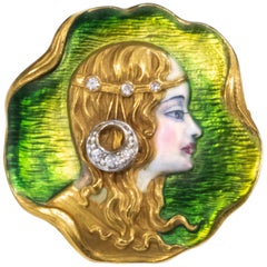 19th Century 18 Karat Yellow Gold Enamel Art Nouveau Lady Pin Pendant Brooch