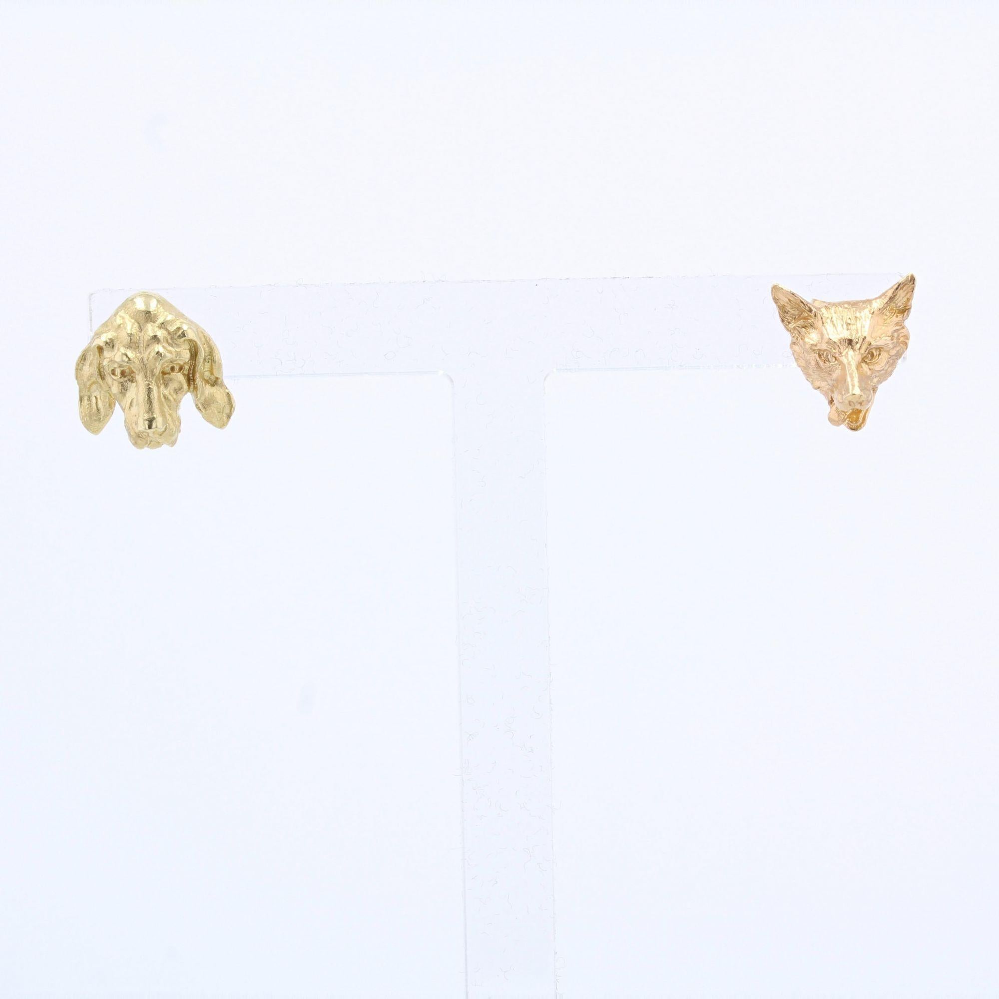 Napoleon III 19th Century 18 Karat Yellow Gold Fox and Dog Stud Earrings For Sale