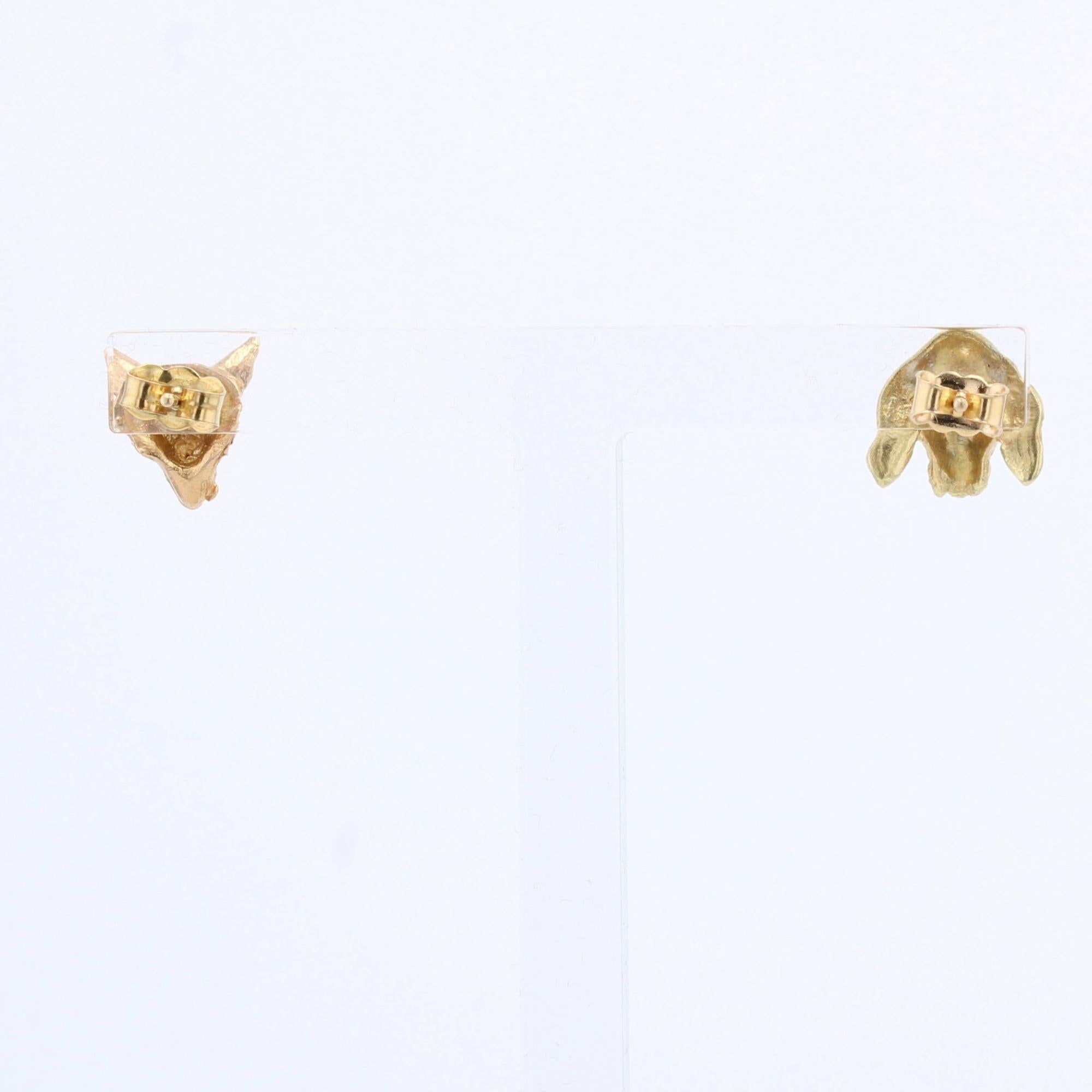 19th Century 18 Karat Yellow Gold Fox and Dog Stud Earrings For Sale 1