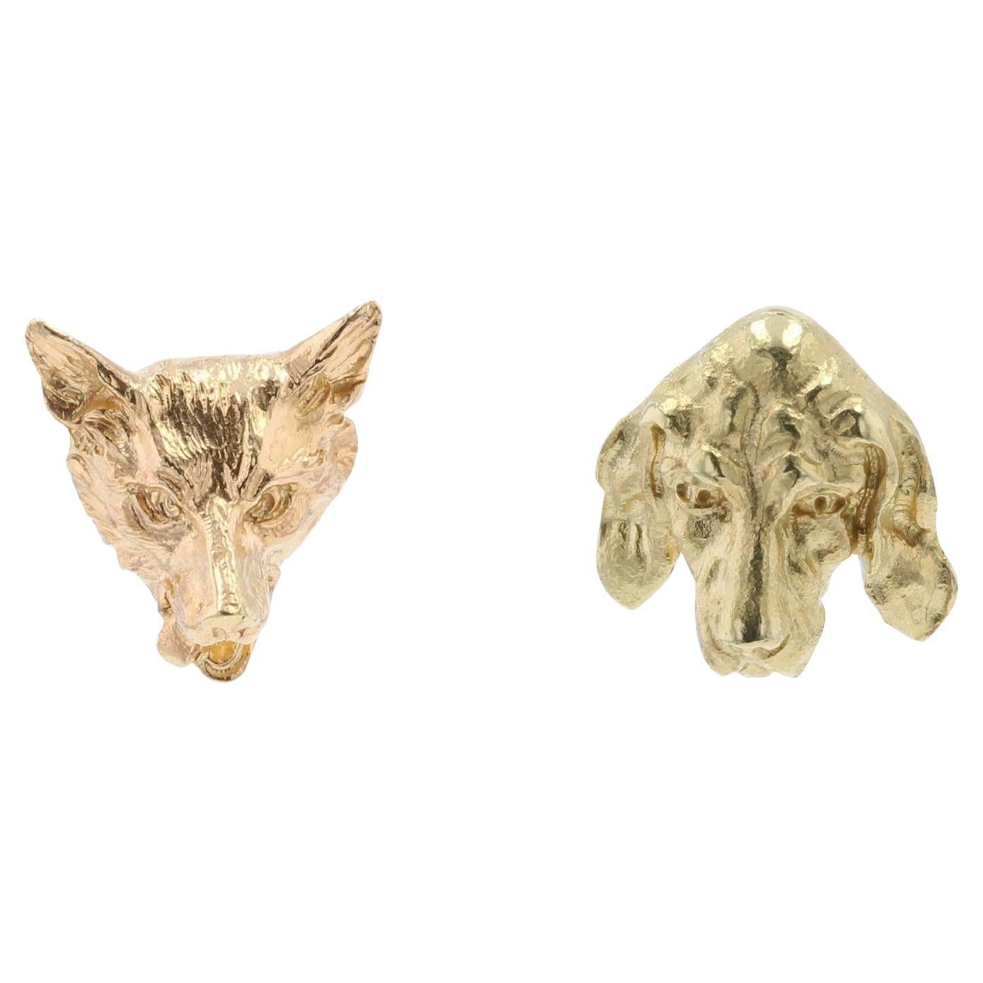 Orecchini con volpe e cane in oro giallo 18 carati del XIX secolo in vendita