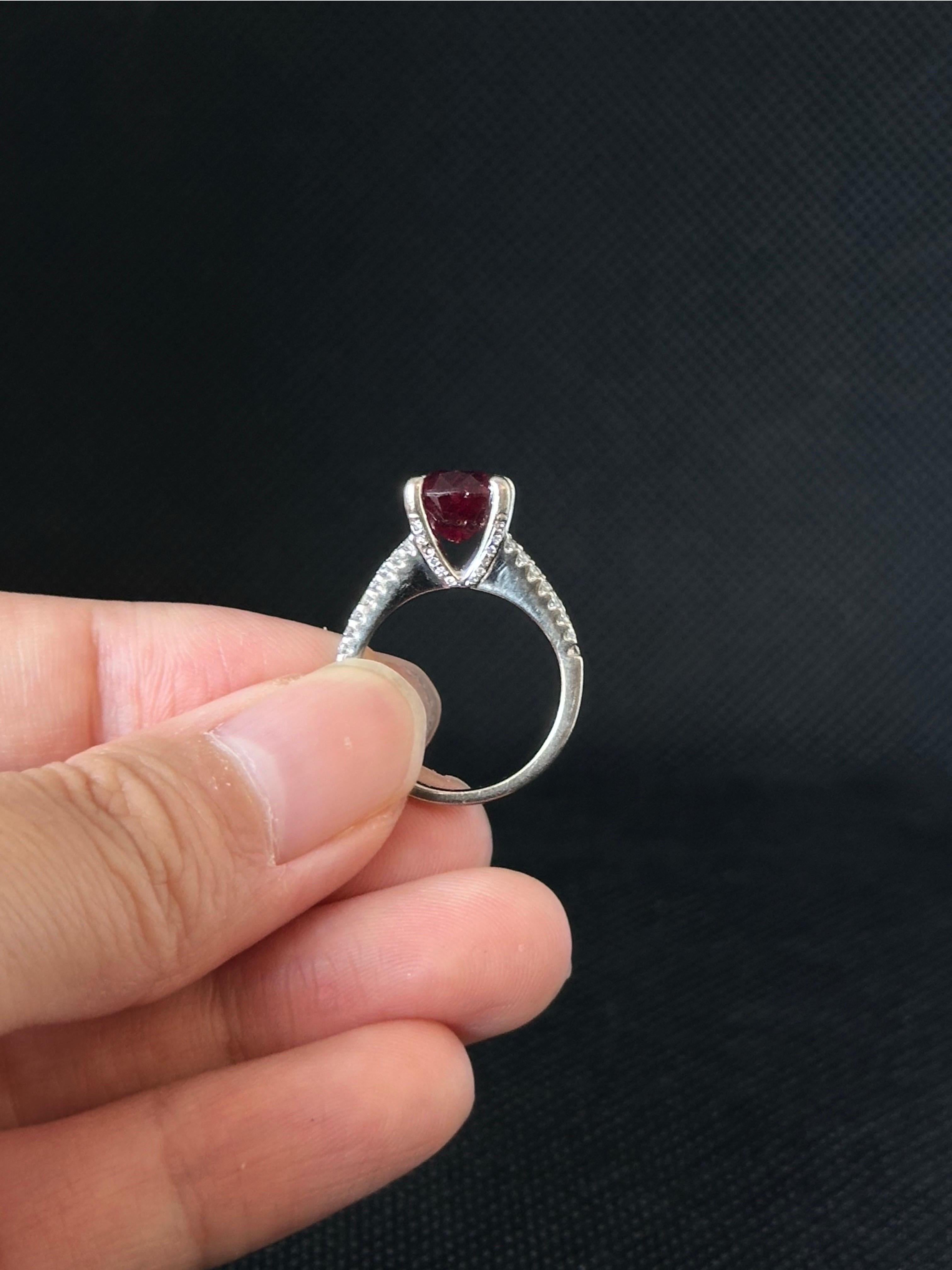 Brilliant Cut 19th Century 1.80ct Filled Ruby and 0.60ctw Natural Diamonds 14k White Gold Ring For Sale