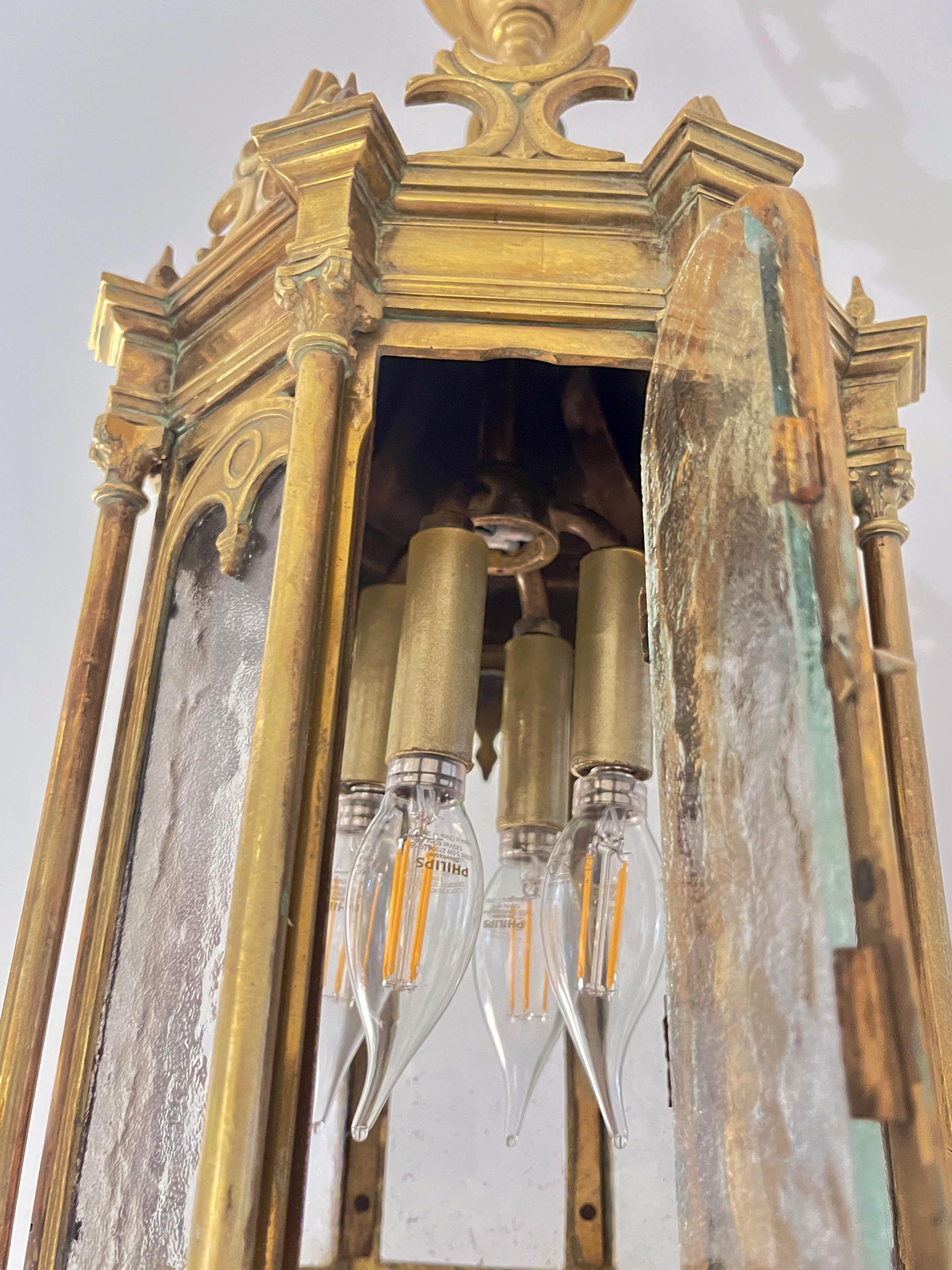 1860 French Antique Gothic Revival Cast Brass Pendant Lantern With Arch Windows For Sale 2