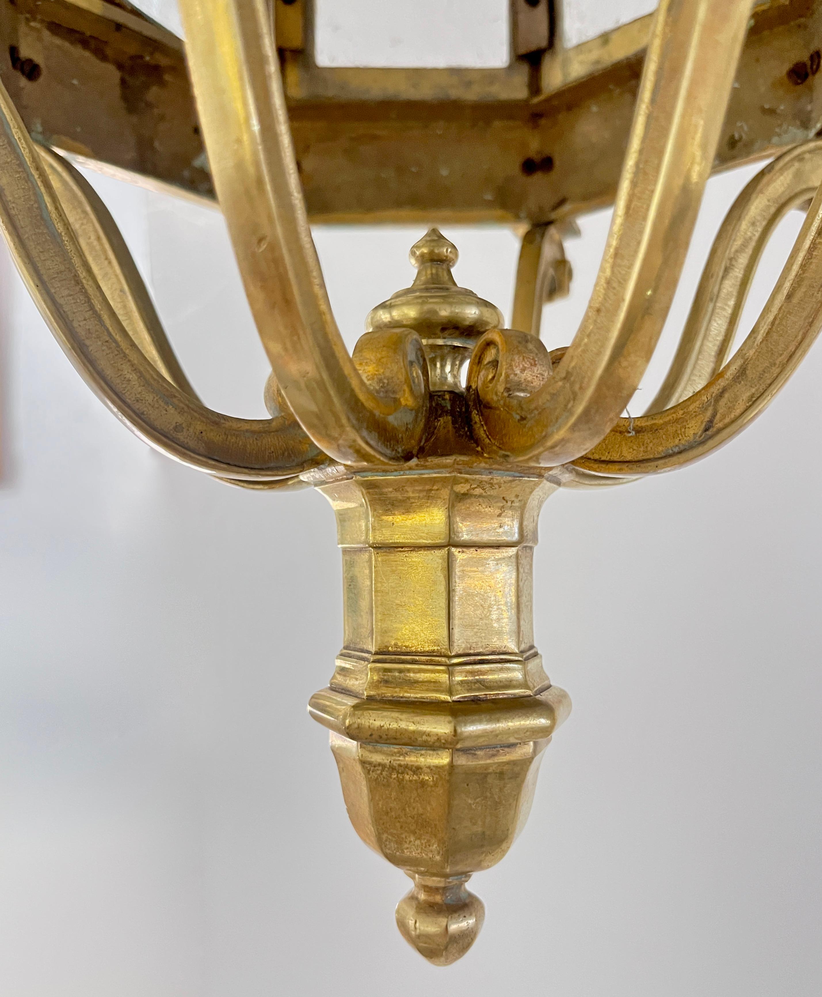 1860 French Antique Gothic Revival Cast Brass Pendant Lantern With Arch Windows For Sale 3