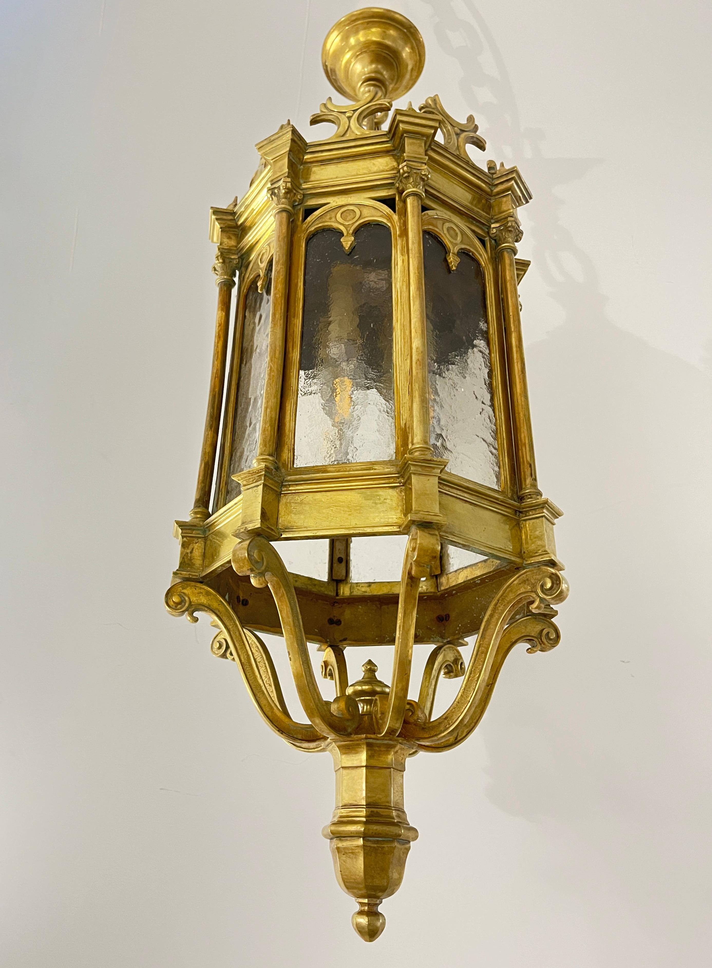 1860 French Antique Gothic Revival Cast Brass Pendant Lantern With Arch Windows For Sale 4
