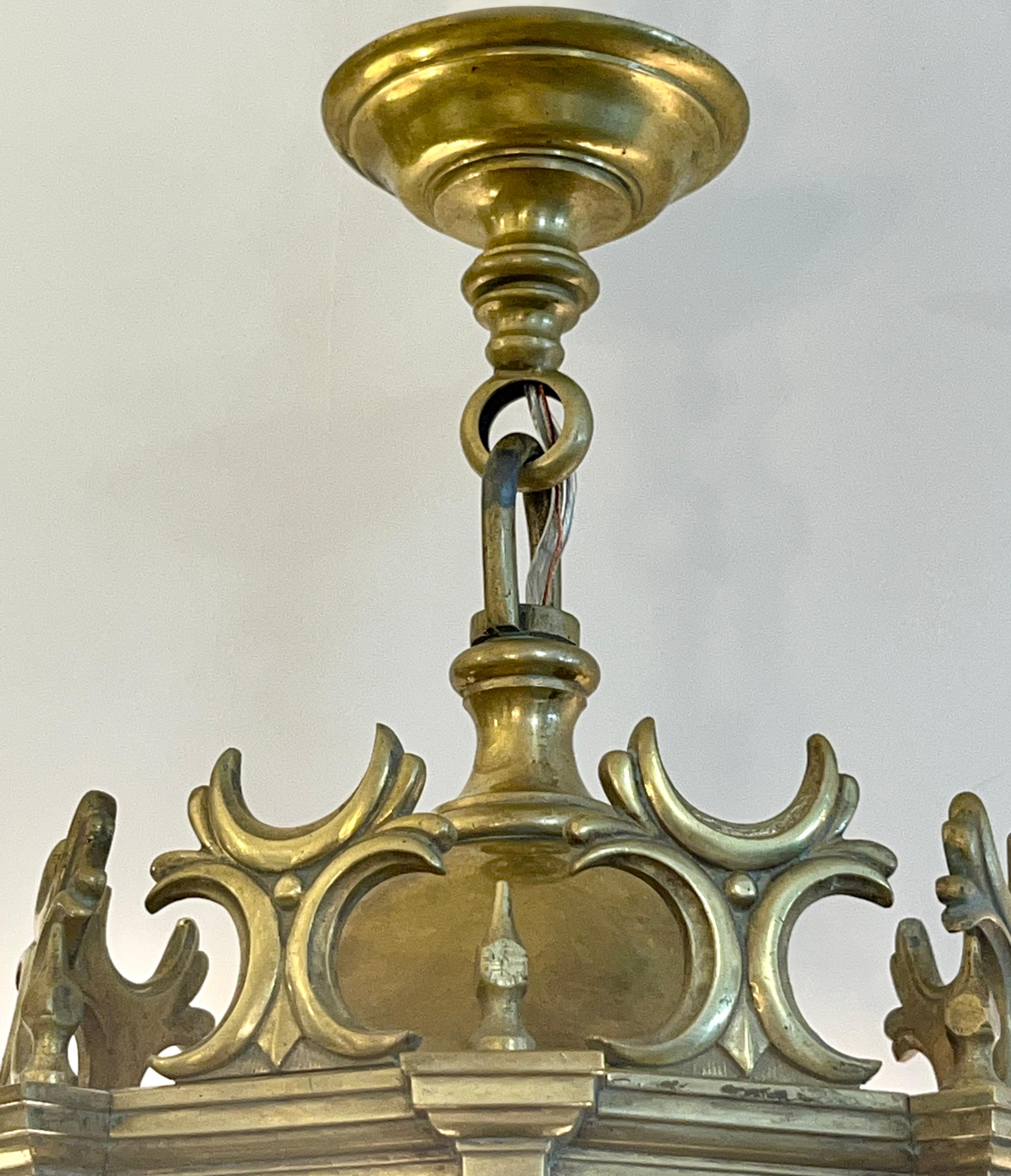 1860 French Antique Gothic Revival Cast Brass Pendant Lantern With Arch Windows For Sale 1