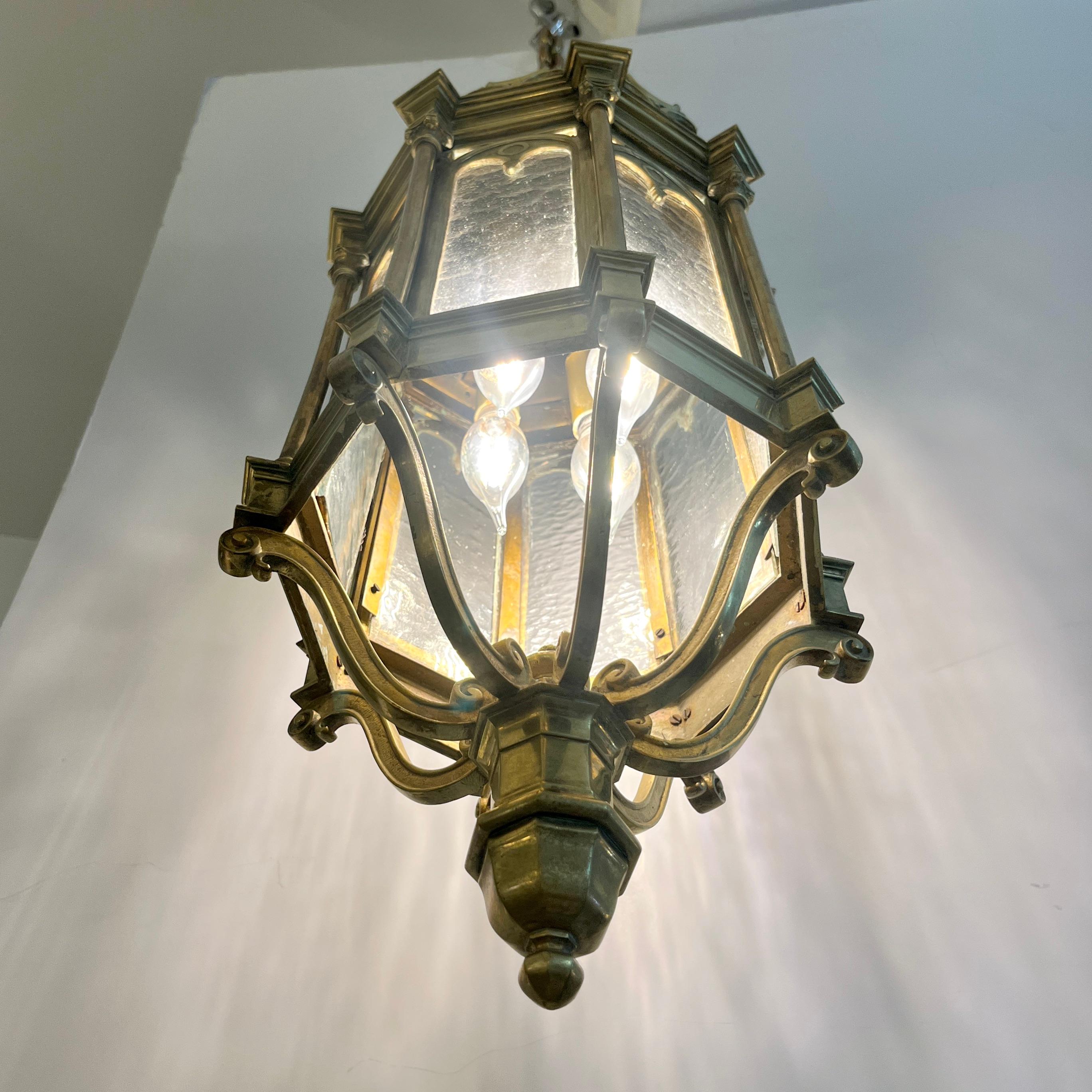 19th Century 1860 French Antique Gothic Revival Cast Brass Pendant Lantern With Arch Windows For Sale