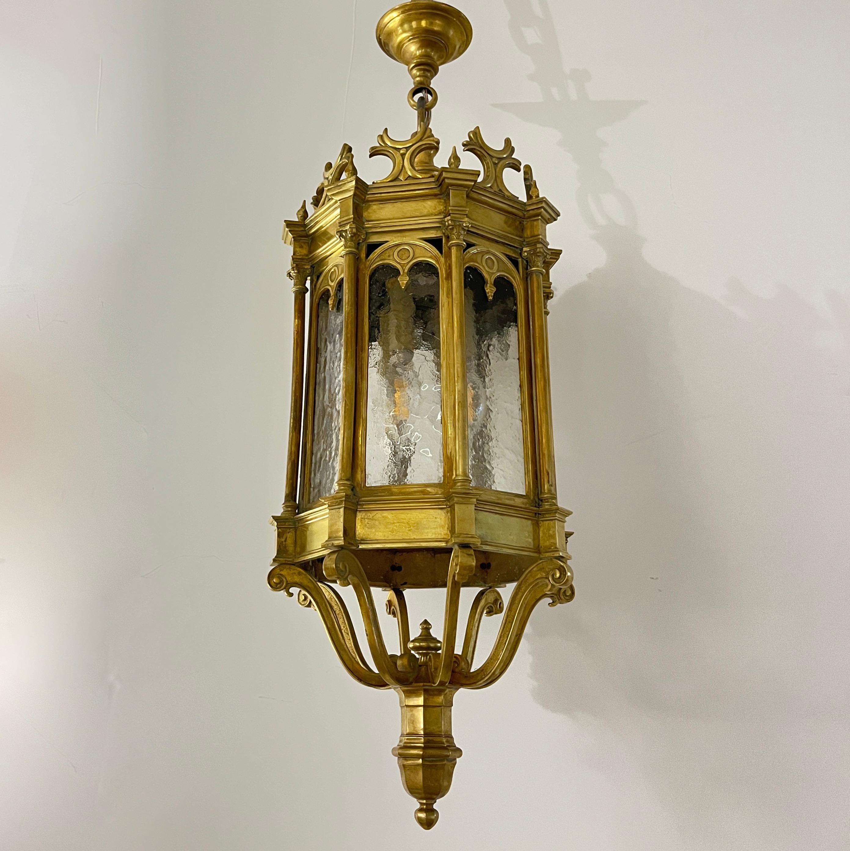 1860 French Antique Gothic Revival Cast Brass Pendant Lantern With Arch Windows For Sale 5