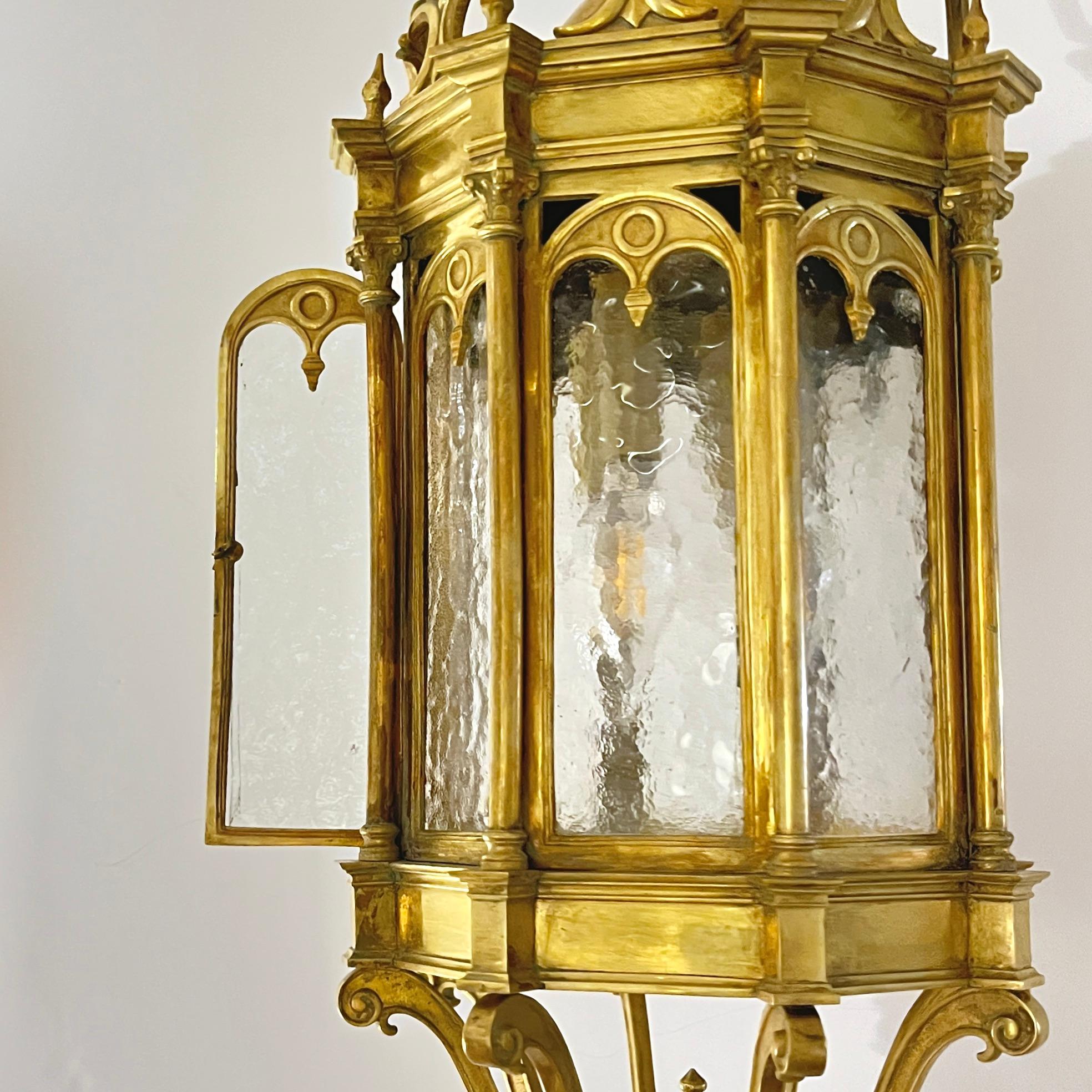 Bronze 1860 French Antique Gothic Revival Cast Brass Pendant Lantern With Arch Windows For Sale