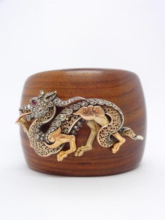 19th Century 18K Gold Silver Ruby and Diamond Dragon Brooch on Cuff Bracelet