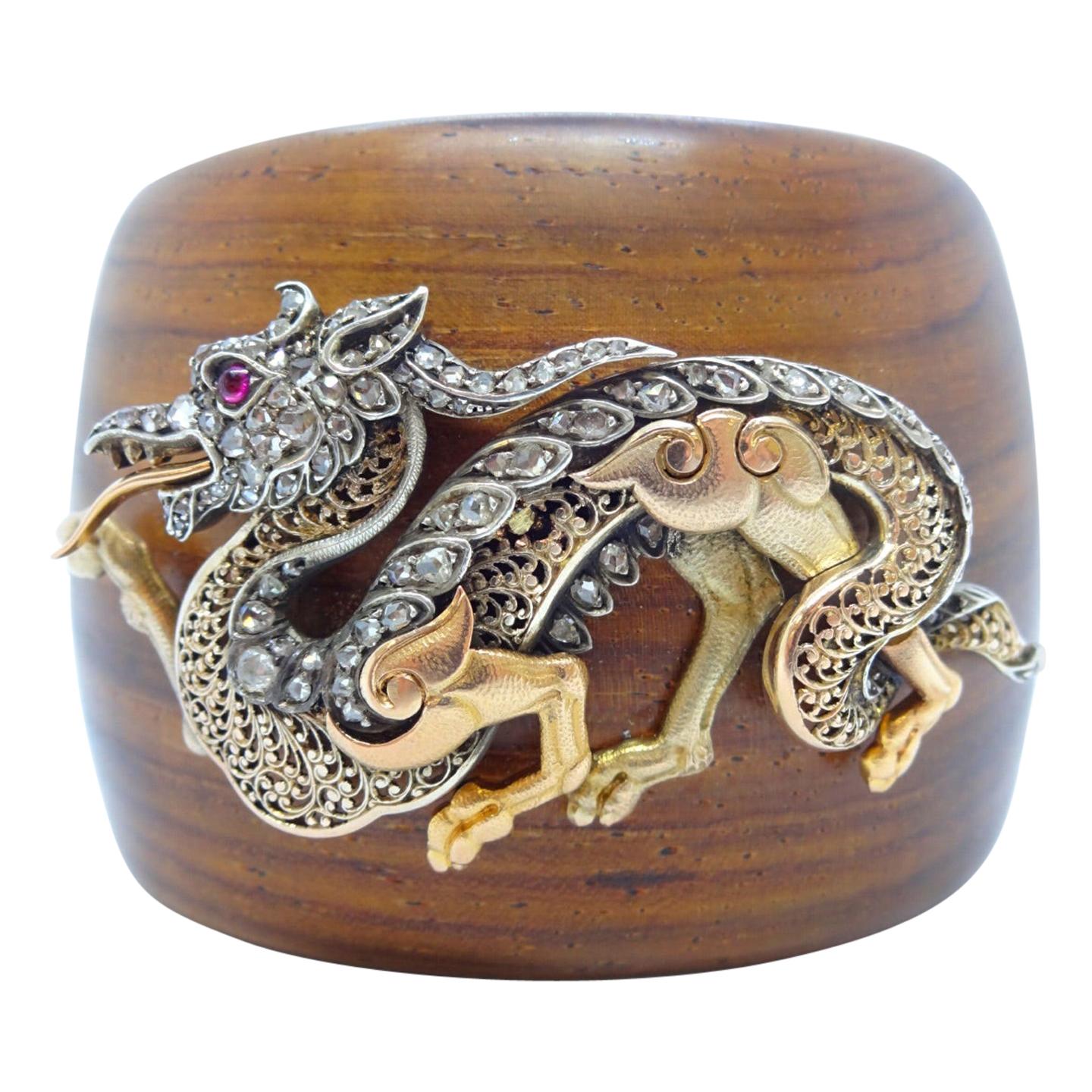 19th Century 18K Gold Silver Ruby and Diamond Dragon Brooch on Cuff Bracelet For Sale