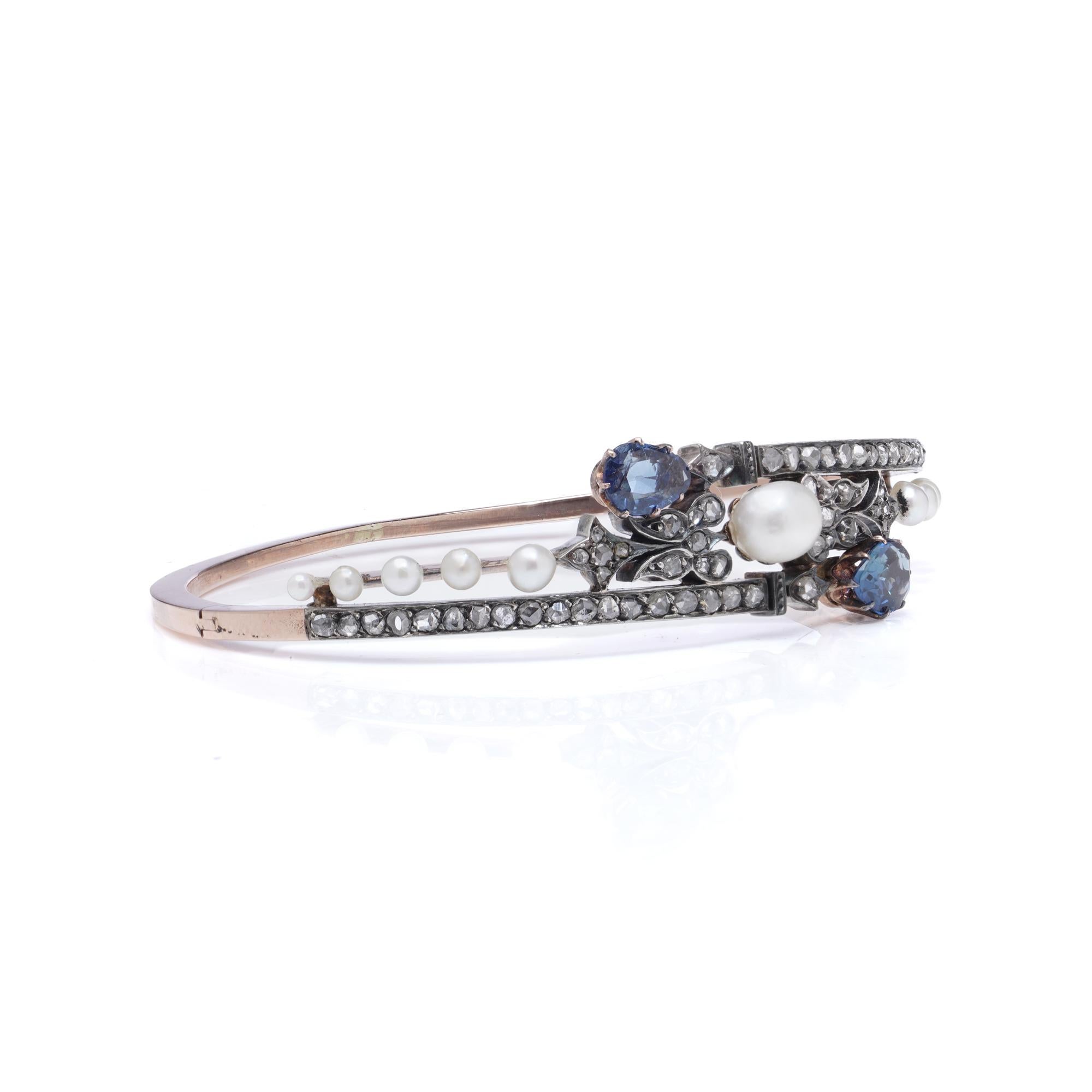 19. Jahrhundert 18kt Gold und Silber Perle, Diamant und Saphir Armreif, 1890er Jahre (Viktorianisch) im Angebot