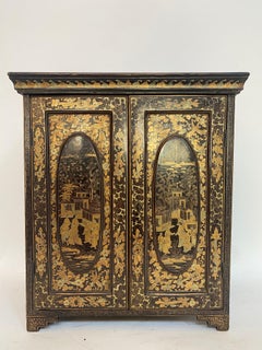 19th Century Antique Hand Painted Chinese Lacquer Table Jewelry Cabinet