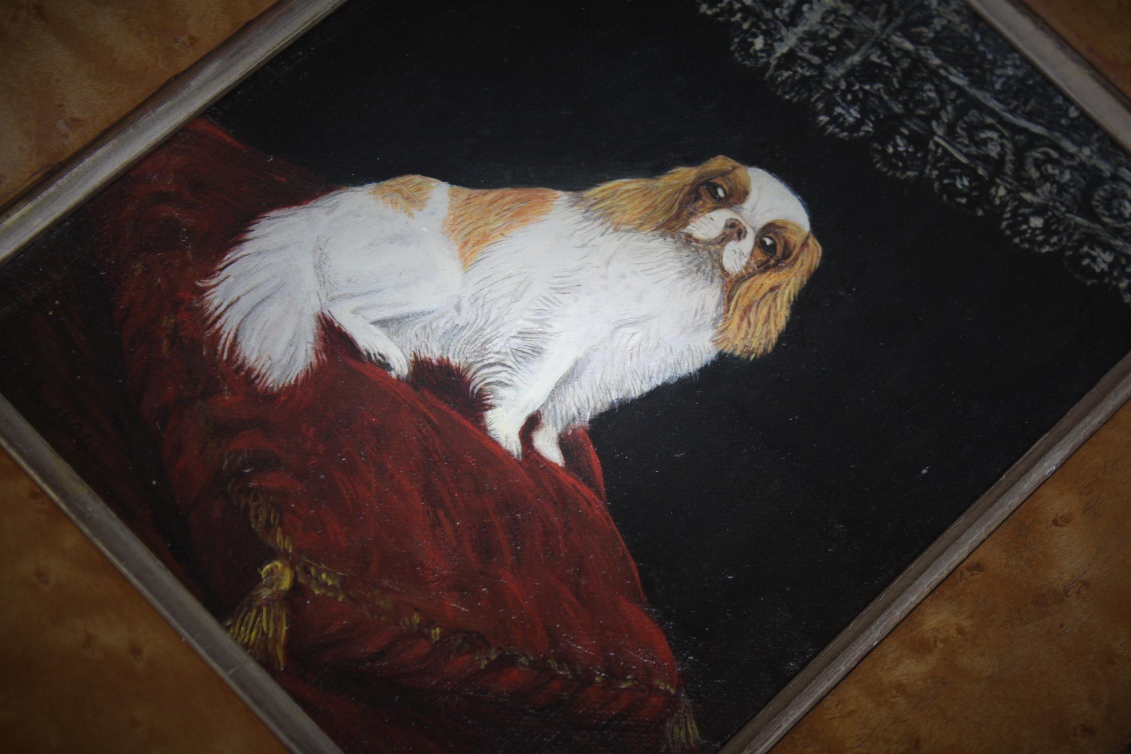 20th Century 19th Century 1904 Oil on Canvas Cavalier King Charles Spaniel Dog Folk Art