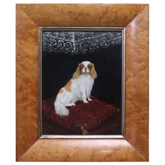 Antique 19th Century 1904 Oil on Canvas Cavalier King Charles Spaniel Dog Folk Art