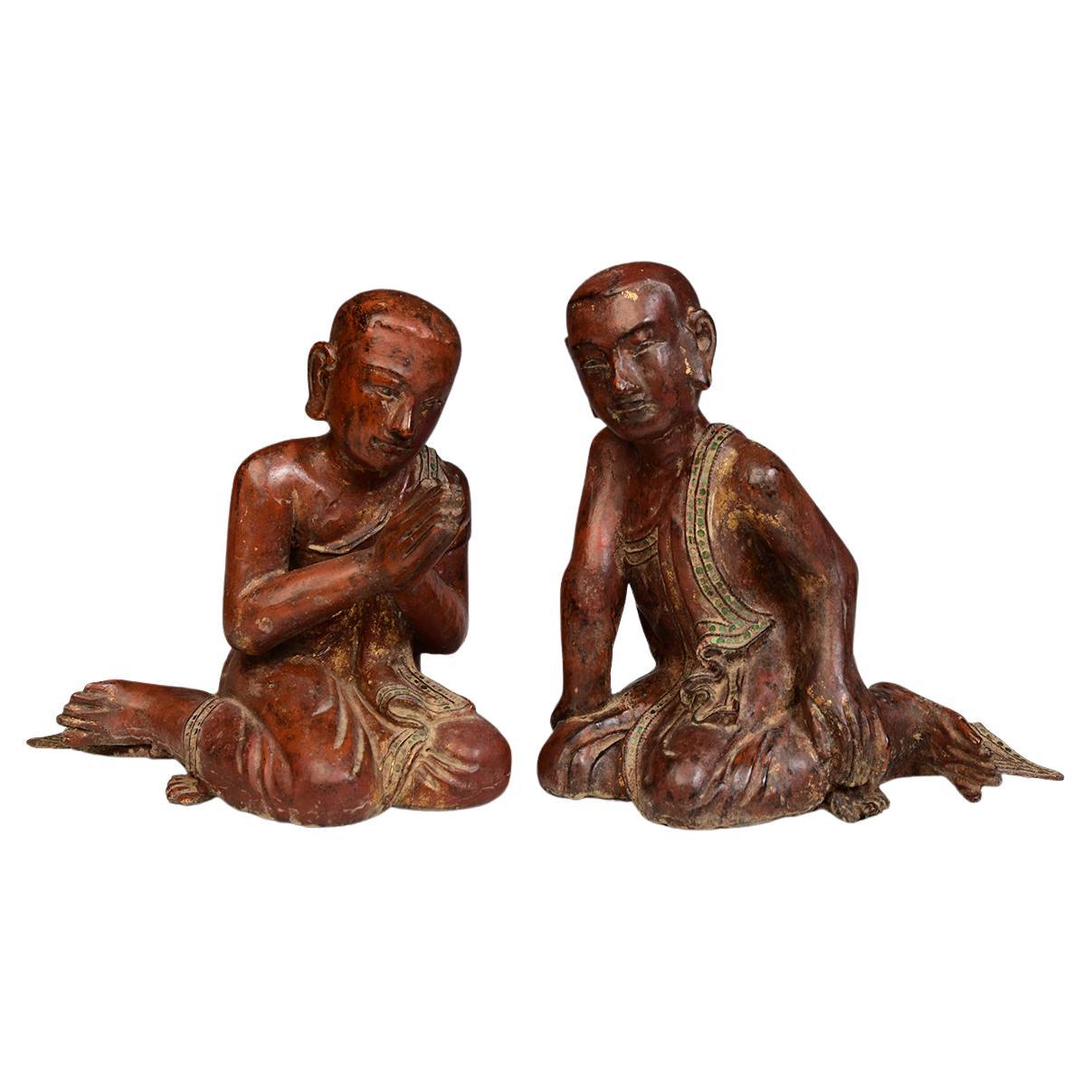 19th C., Mandalay, A Pair of Antique Burmese Wooden Seated Monks / Disciples For Sale