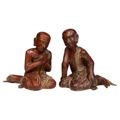 19th C., Mandalay, A Pair of Antique Burmese Wooden Seated Monks / Disciples