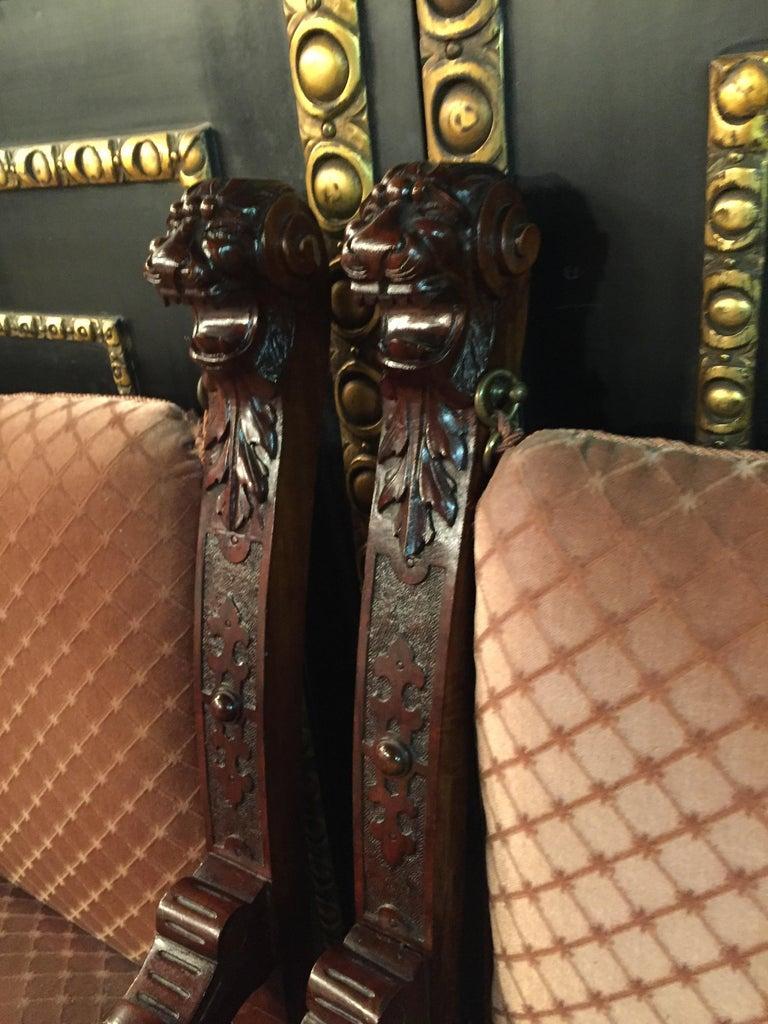 19th Century 2 Armchairs Antique Baroque Style Scissor Chair Lion Heads walnut For Sale 6