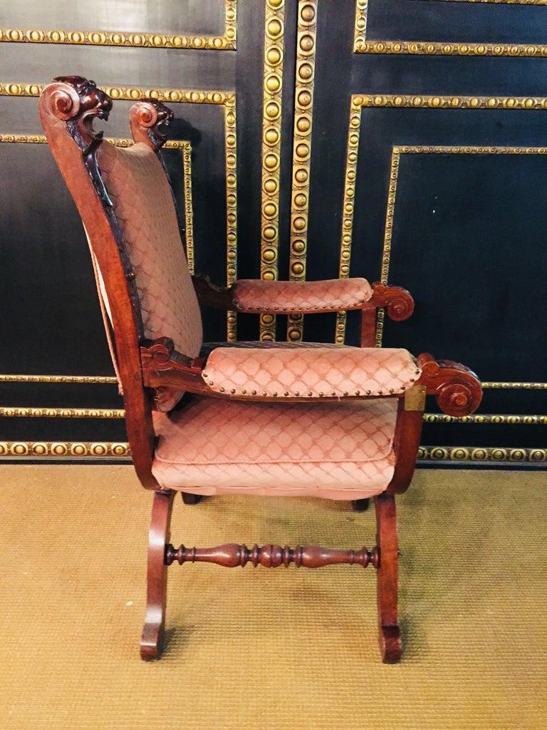 19th Century 2 Armchairs Antique Baroque Style Scissor Chair Lion Heads walnut For Sale 3