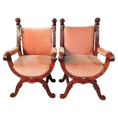 19th Century 2 Armchairs Antique Baroque Style Scissor Chair Lion Heads walnut