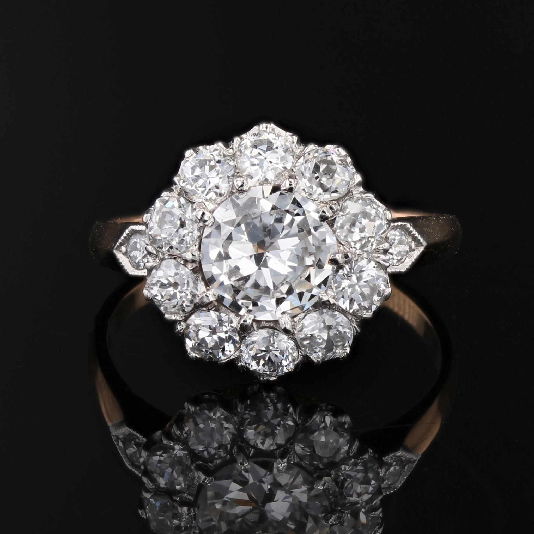 Bague du 19ème siècle en or jaune 18 carats avec 2 carats de diamants et platine Bon état - En vente à Poitiers, FR