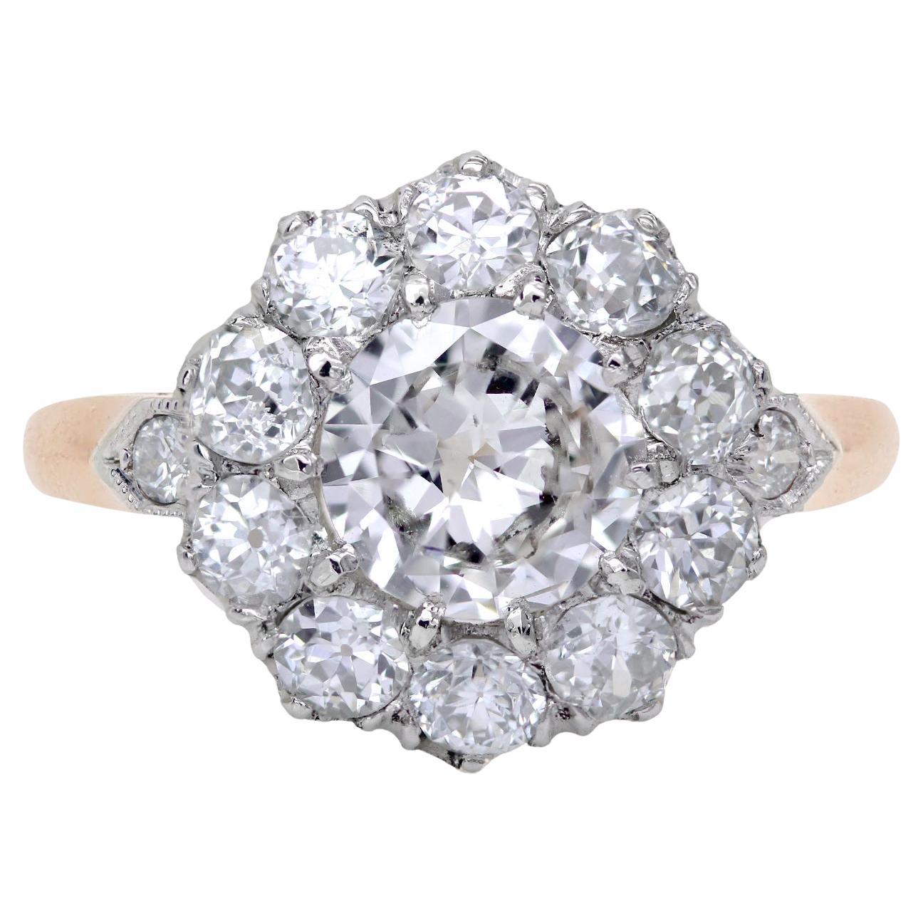 Bague du 19ème siècle en or jaune 18 carats avec 2 carats de diamants et platine en vente