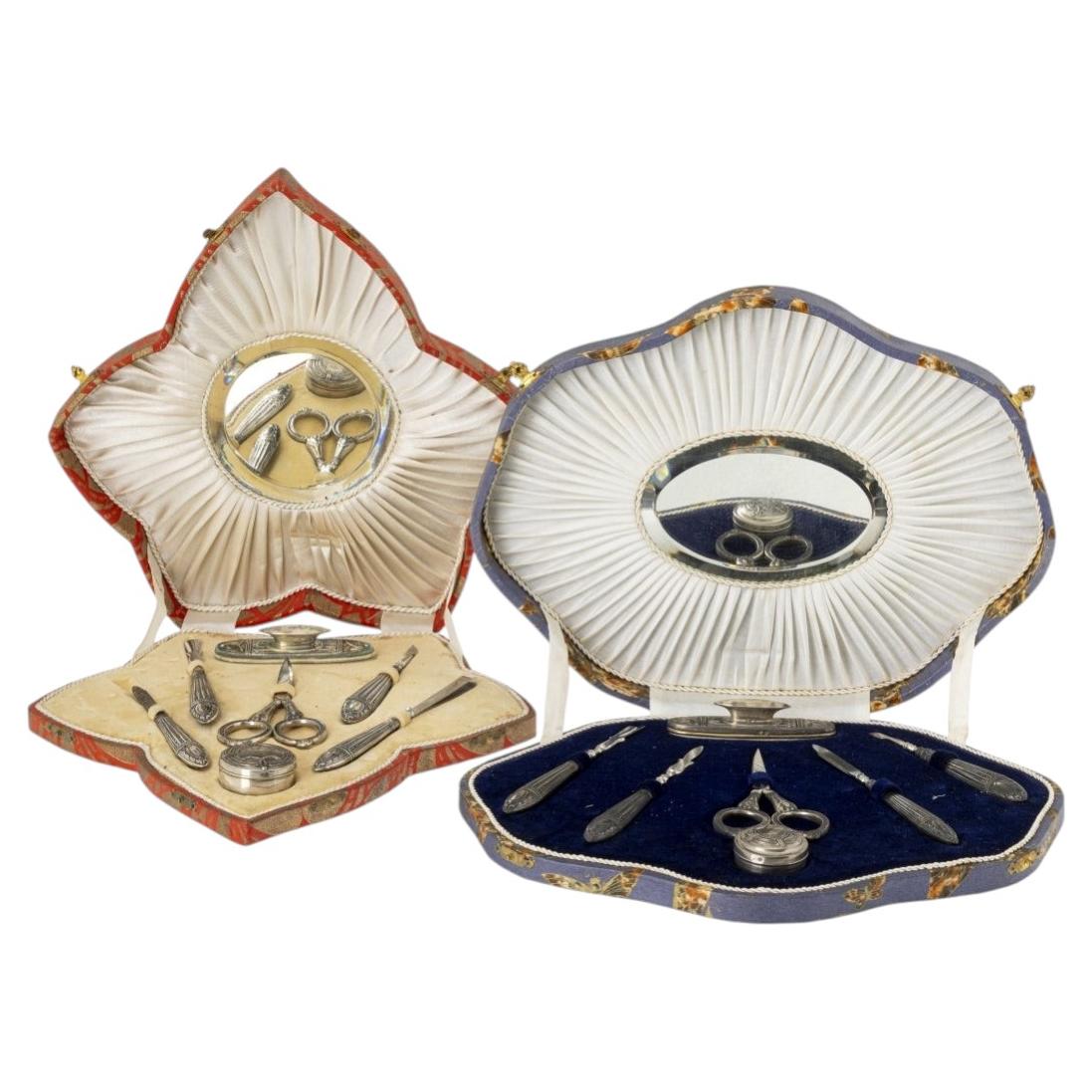19th Century - 2 Cases with Silver Beauty Utensils