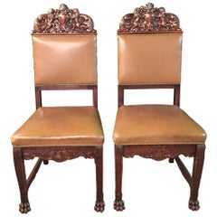 two 19th Century Antique Neo-Renaissance Oak Chairs hand carved