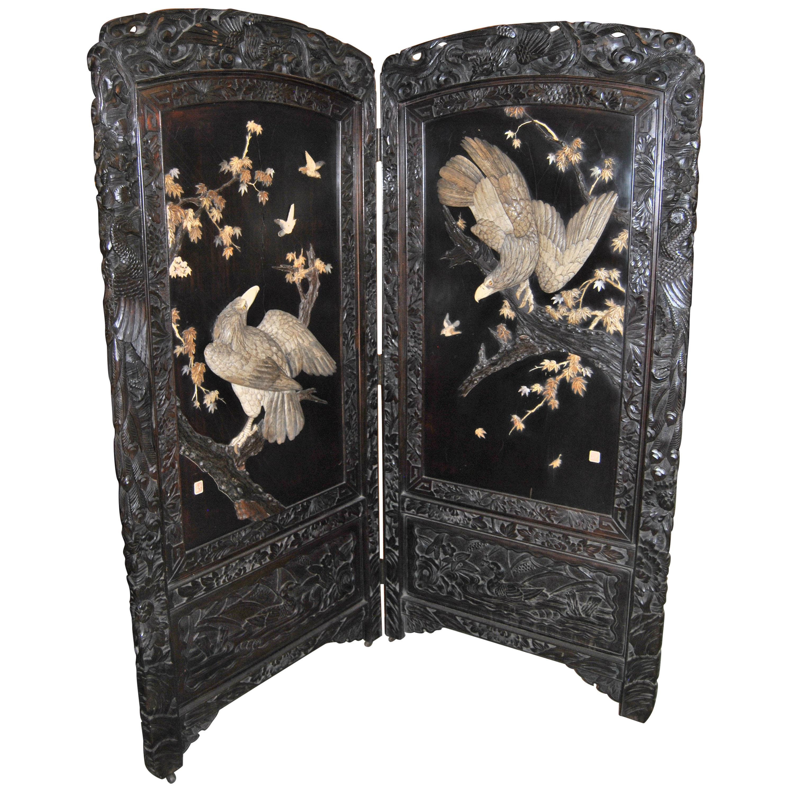 19th Century 2-Panel Carved Chinese Dressing Screen / Room Divider