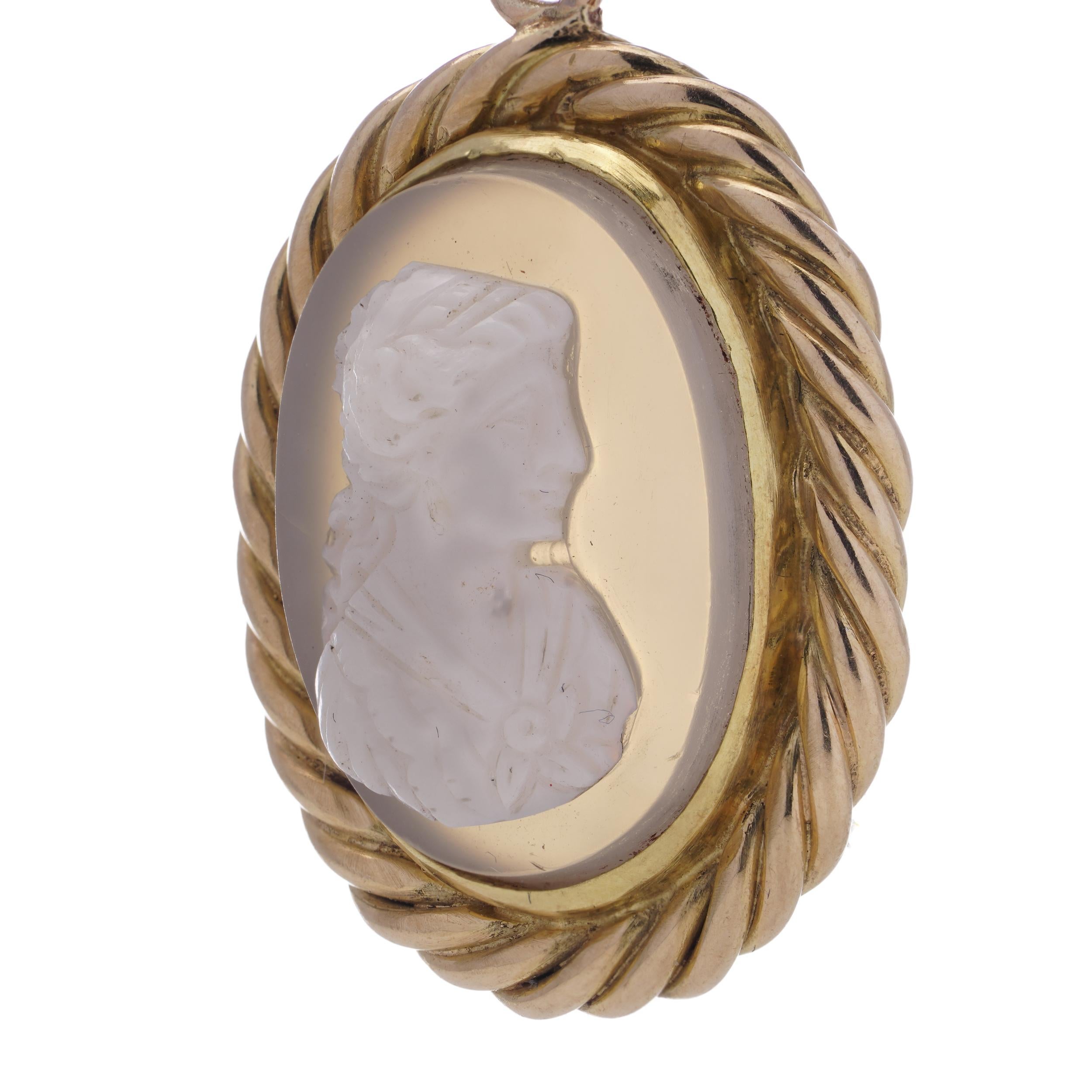 Oval Cut 19th Century 20kt. yellow gold  Carved Shell and Chalcedony Cameo Gold Pendant For Sale