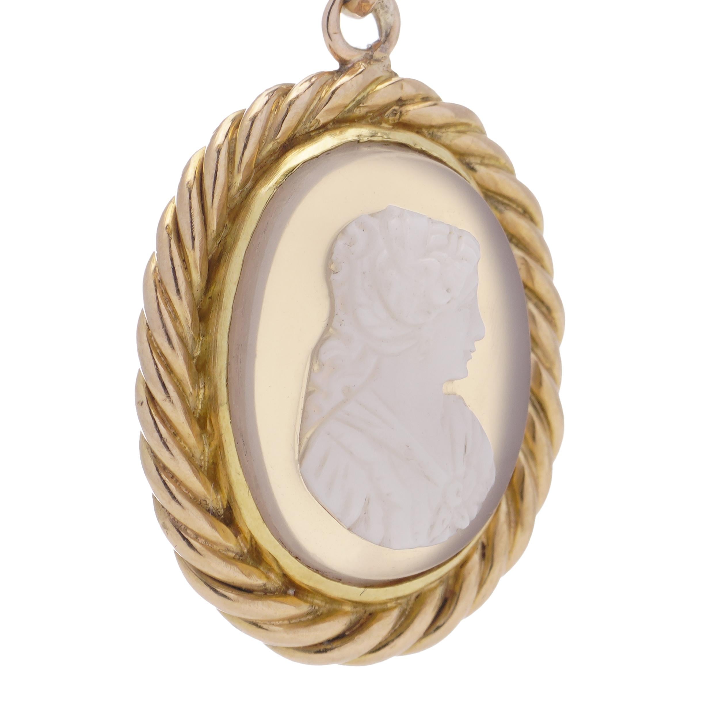 Women's or Men's 19th Century 20kt. yellow gold  Carved Shell and Chalcedony Cameo Gold Pendant For Sale