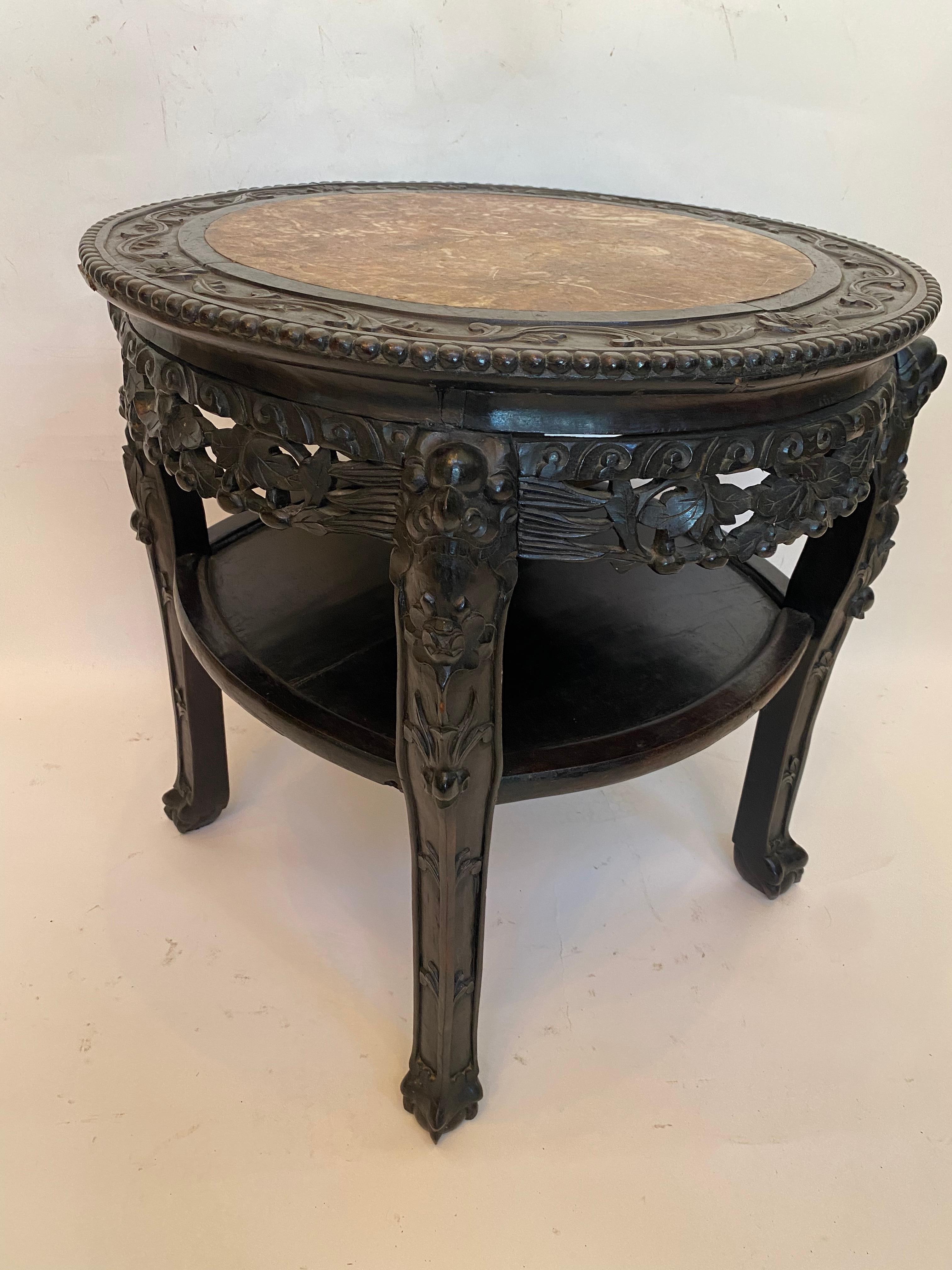 19th Century 23.5'' Chinese Carved Rosewood Flower Stands Marble-Top Insert For Sale 4