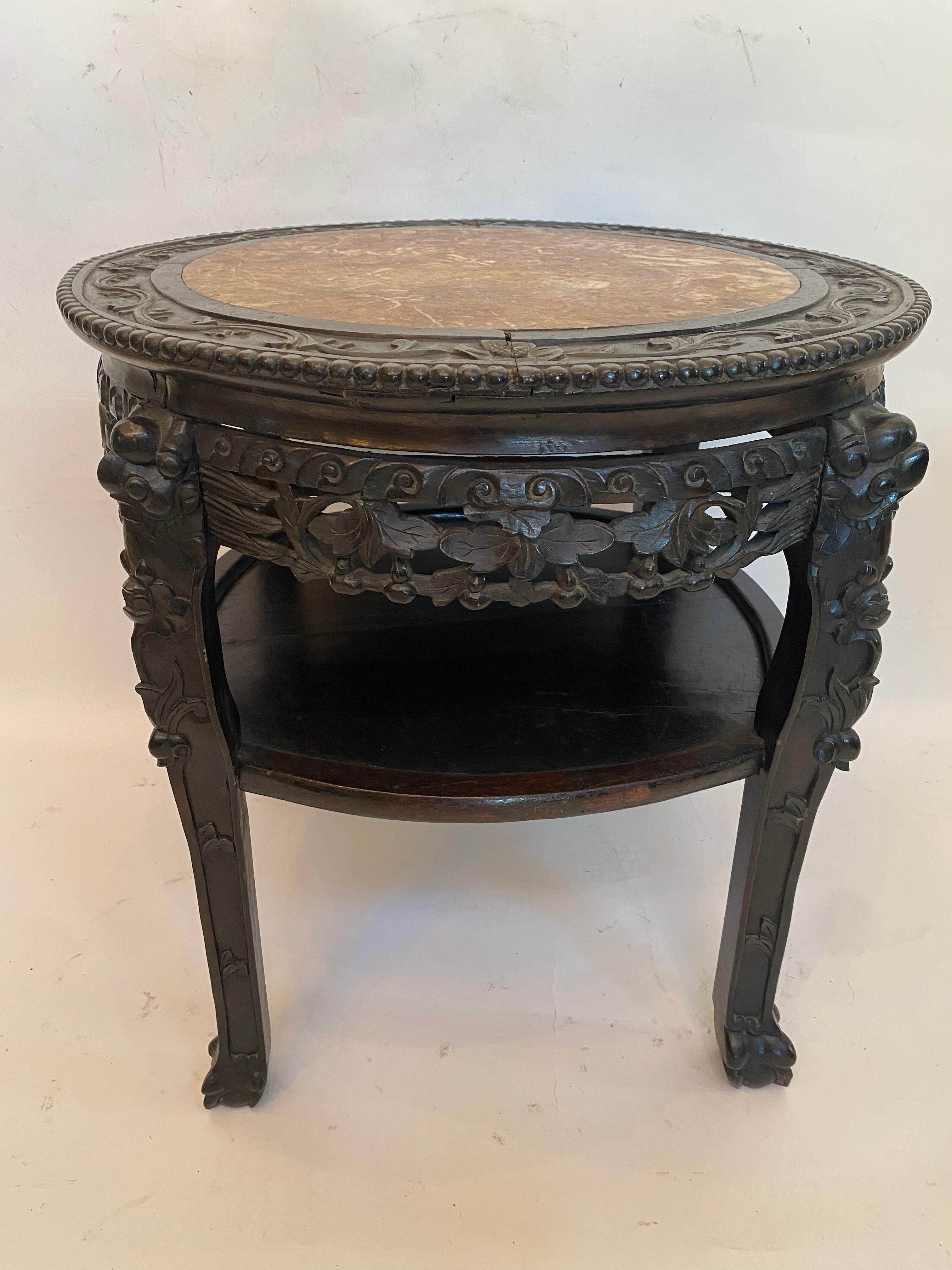 19th Century 23.5'' Chinese Carved Rosewood Flower Stands Marble-Top Insert For Sale 5